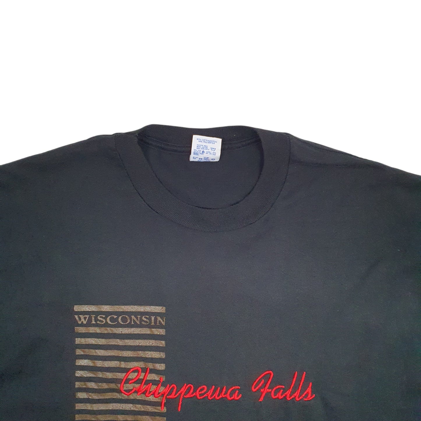 Mens Black Jerzeez Single Stitch Vintage 90s Made In USA Wisconsin Chippewa Falls Short Sleeve T Shirt