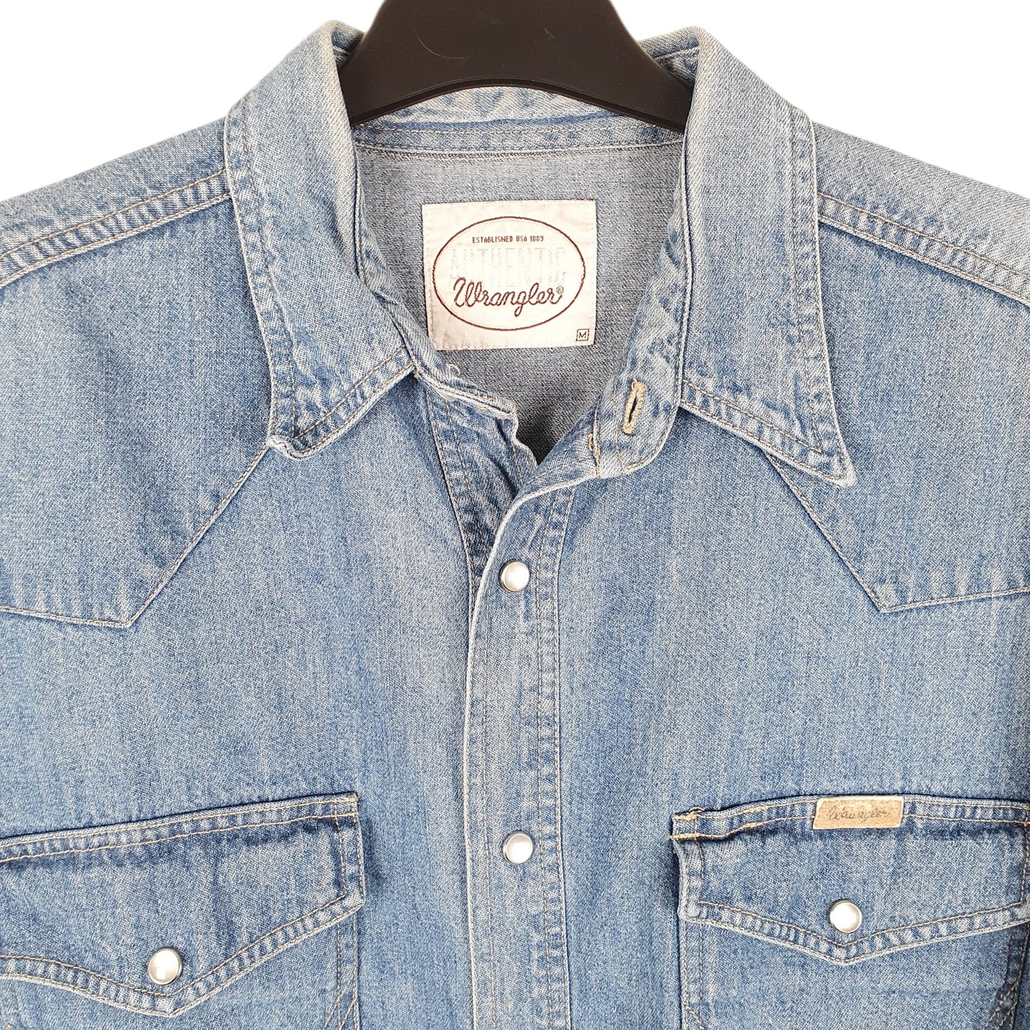 Mens Blue Wrangler Denim Jeans Vintage Pearl Snap Cowboy Western Long Sleeve Shirt