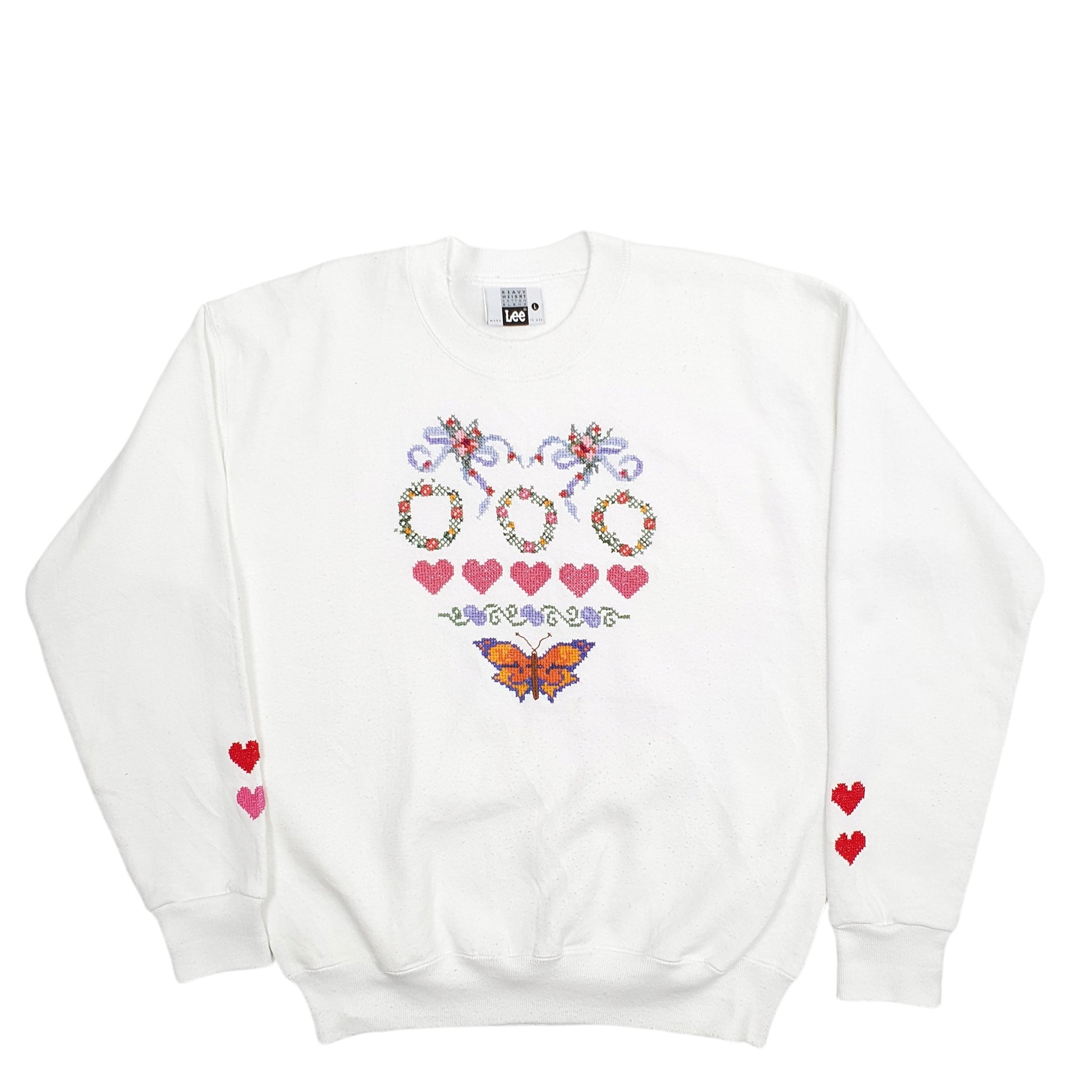 Mens White Lee Embroidery Made In USA Crewneck Jumper