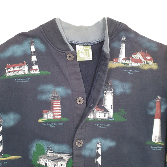 Mens Navy Art Unlimited Vintage 1990s Made in USA Lighthouses of the USA Cardigan Jumper
