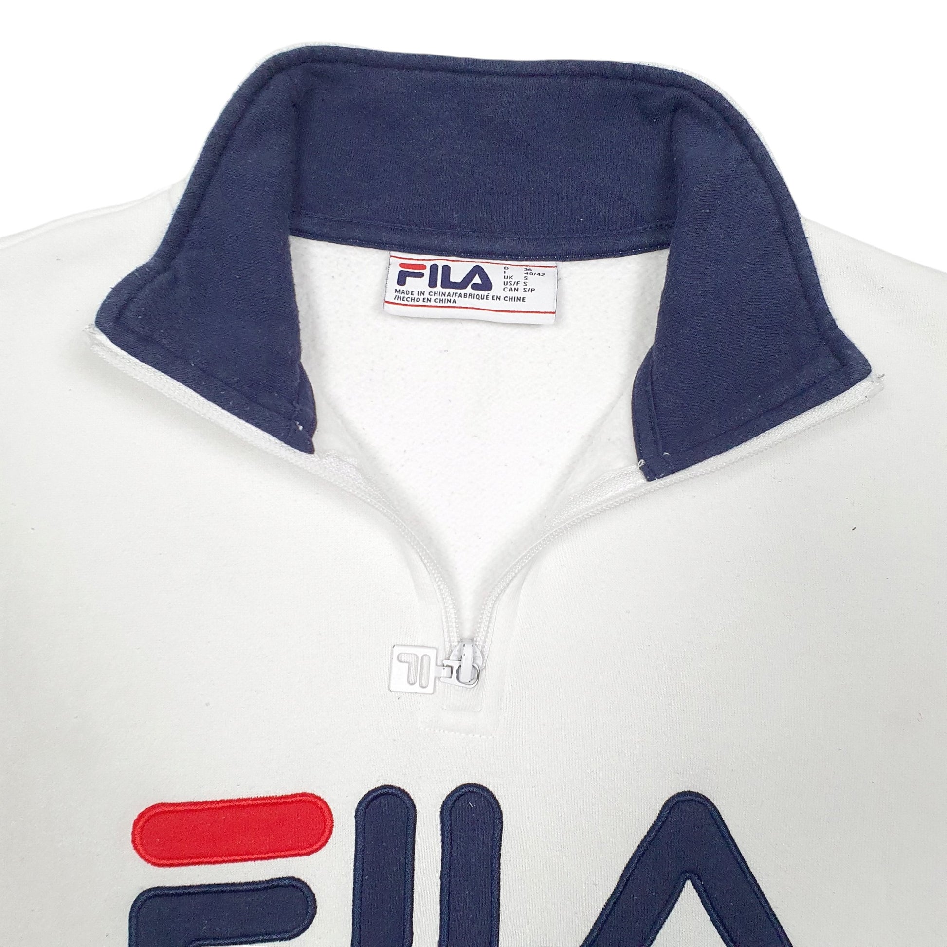 Womens White Fila Spellout Quarter Zip Jumper