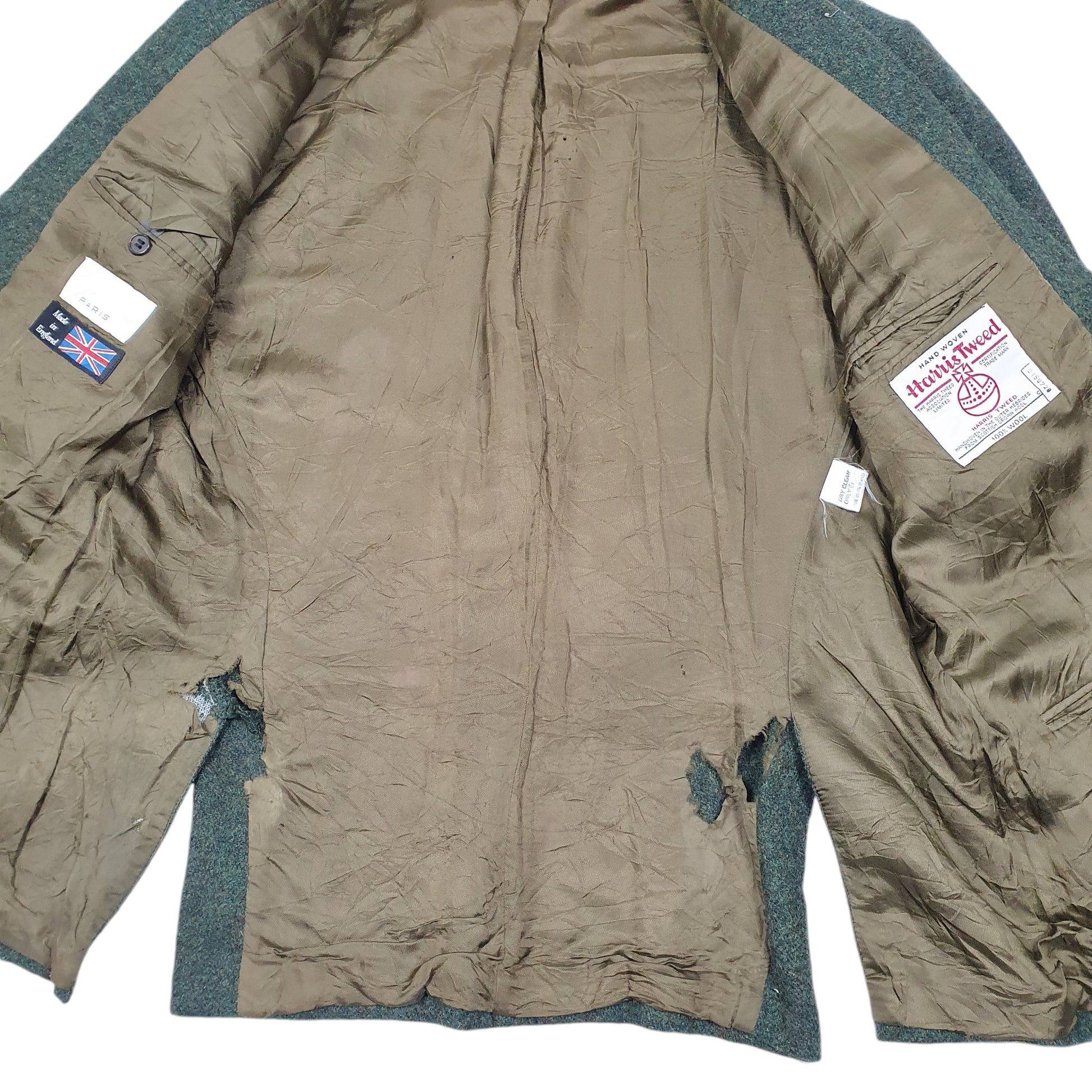 Mens Green Harris Tweed Vintage Made In England Cyrillus Paris  Coat