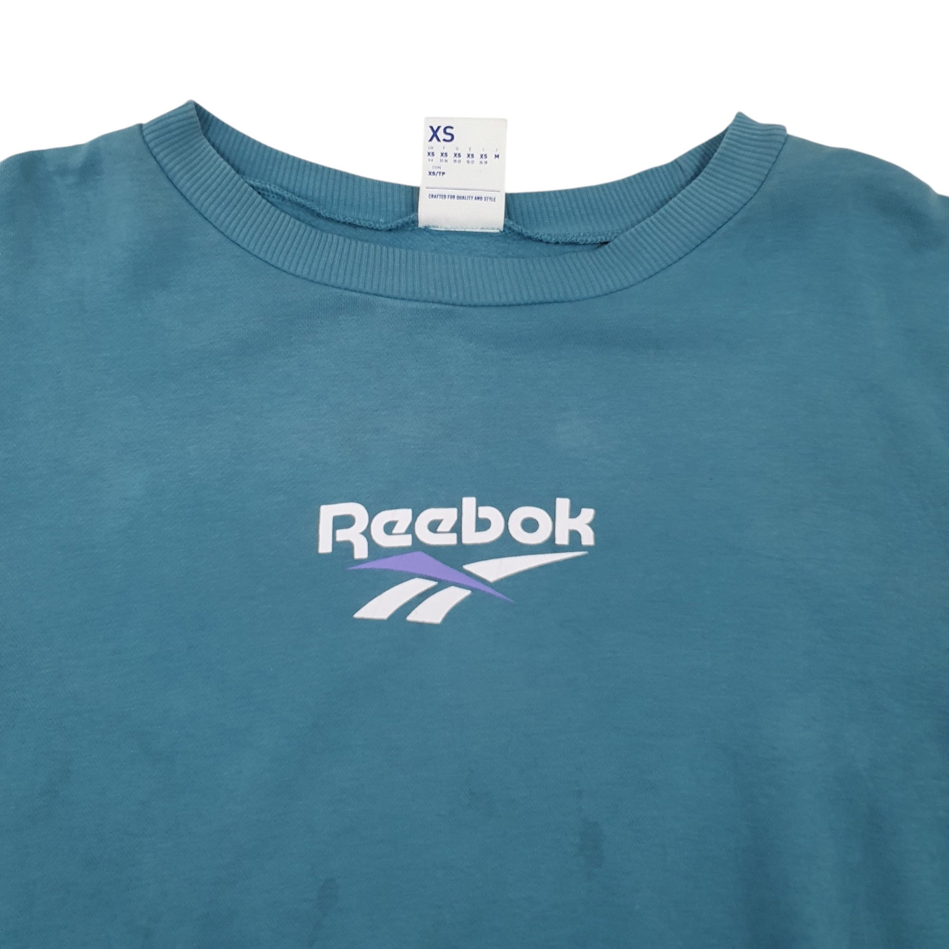 Womens Blue Reebok Croptop Spellout Crewneck Jumper