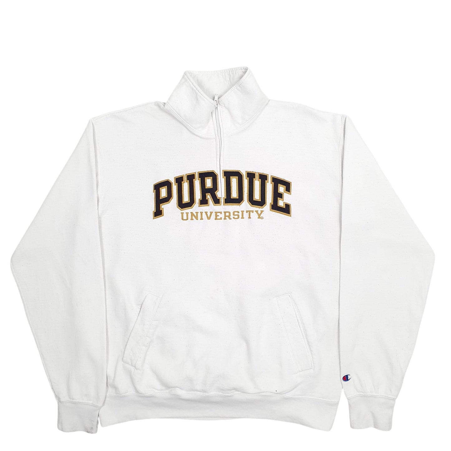 Mens White Champion Purdue University Spellout Quarter Zip Jumper