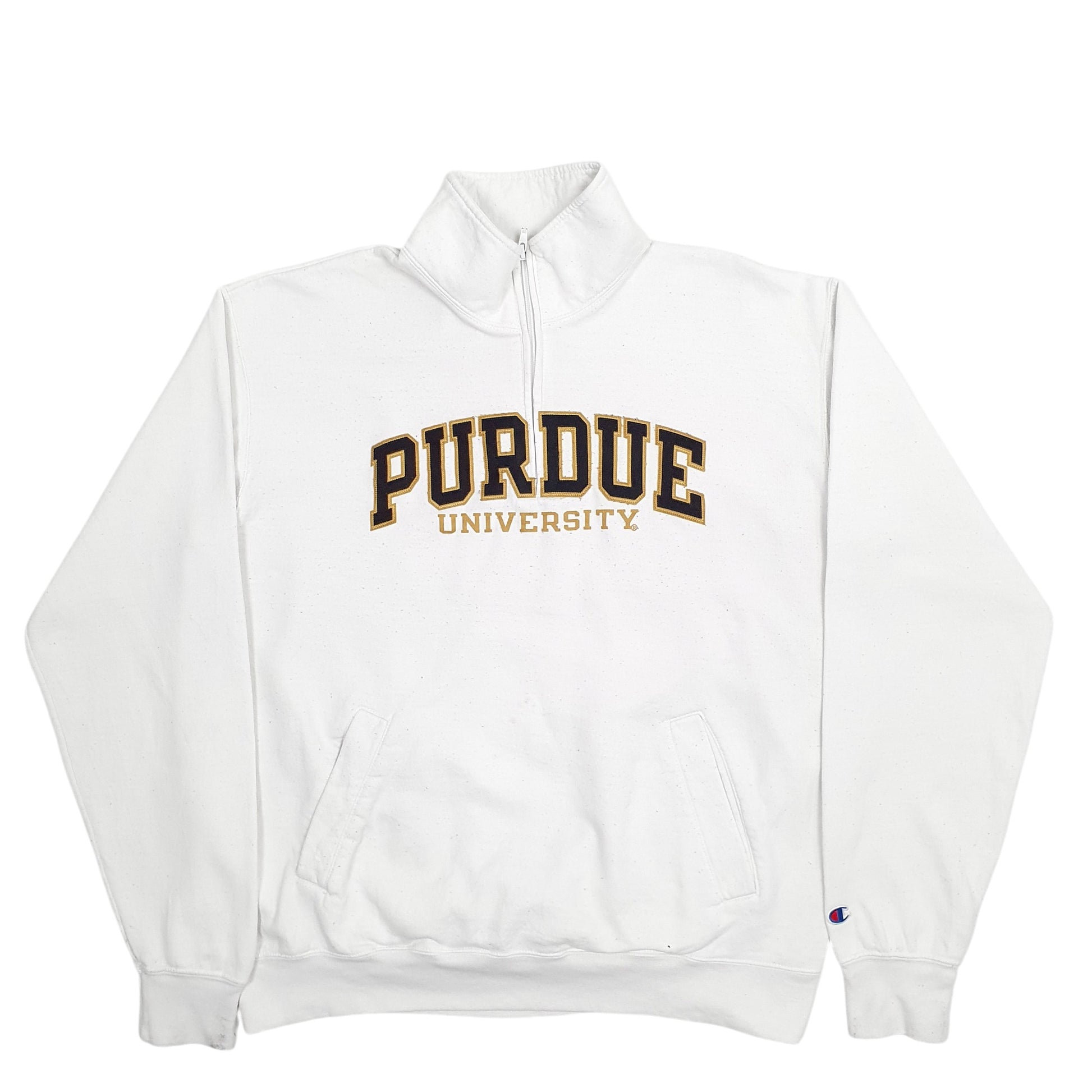 Mens White Champion Purdue University Spellout Quarter Zip Jumper