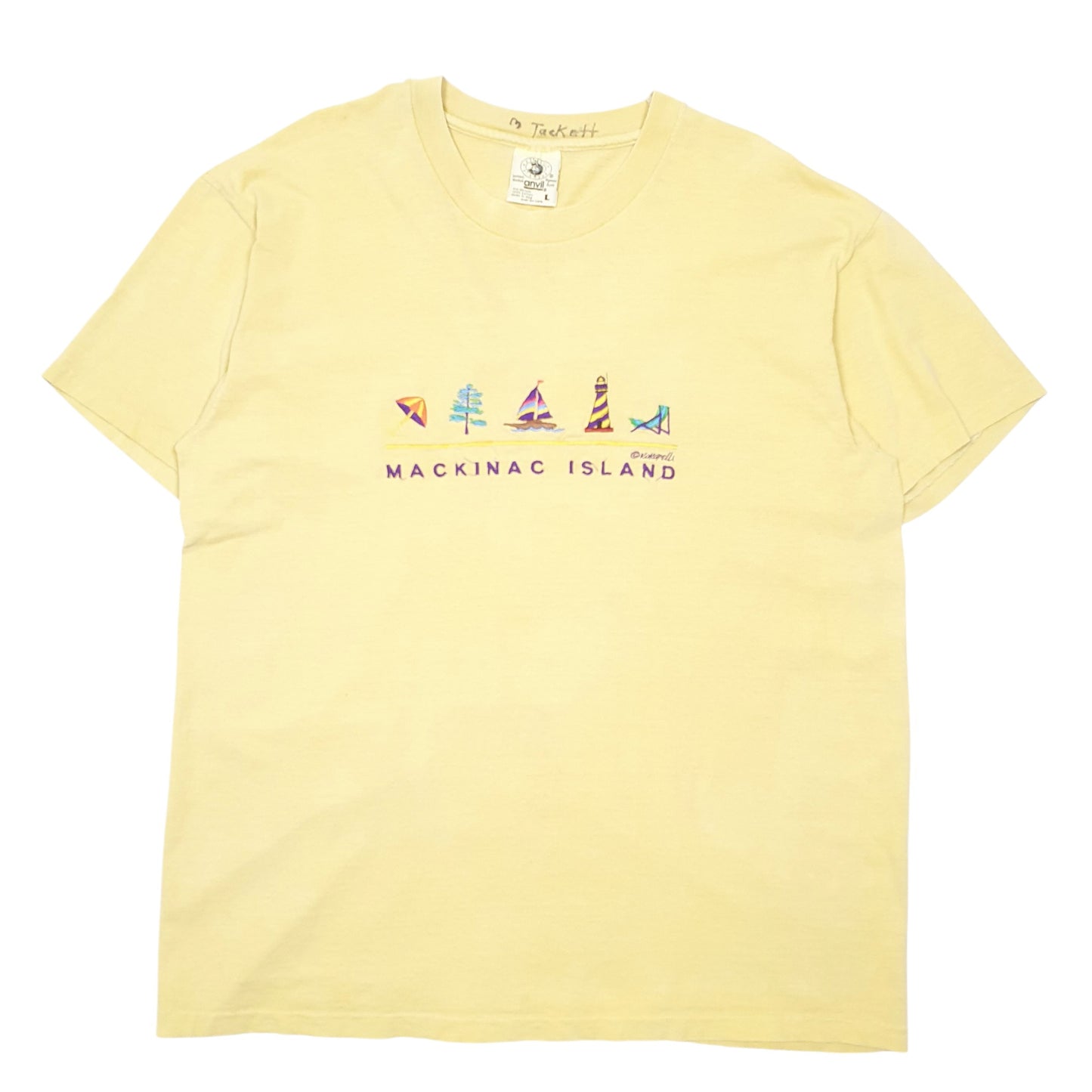 Mens Yellow Anvil Single Stitch Vintage 90s Made In USA Mackinac Island Short Sleeve T Shirt