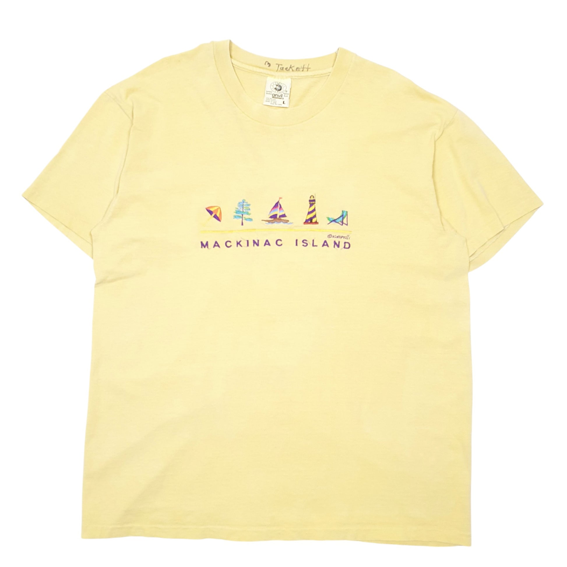 Mens Yellow Anvil Single Stitch Vintage 90s Made In USA Mackinac Island Short Sleeve T Shirt
