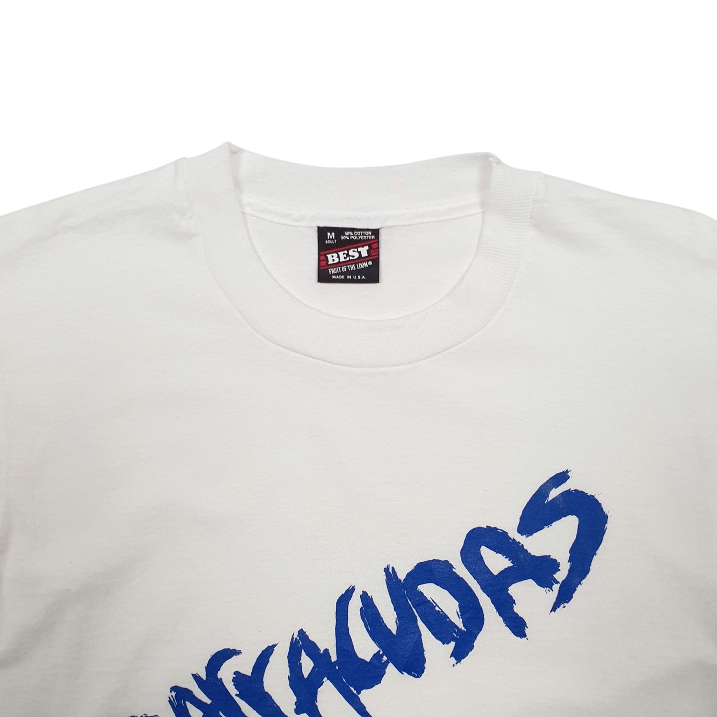 Mens White Fruit Of The Loom Single Stitch Vintage 90s Made In USA  Barracudas Spellout Short Sleeve T Shirt