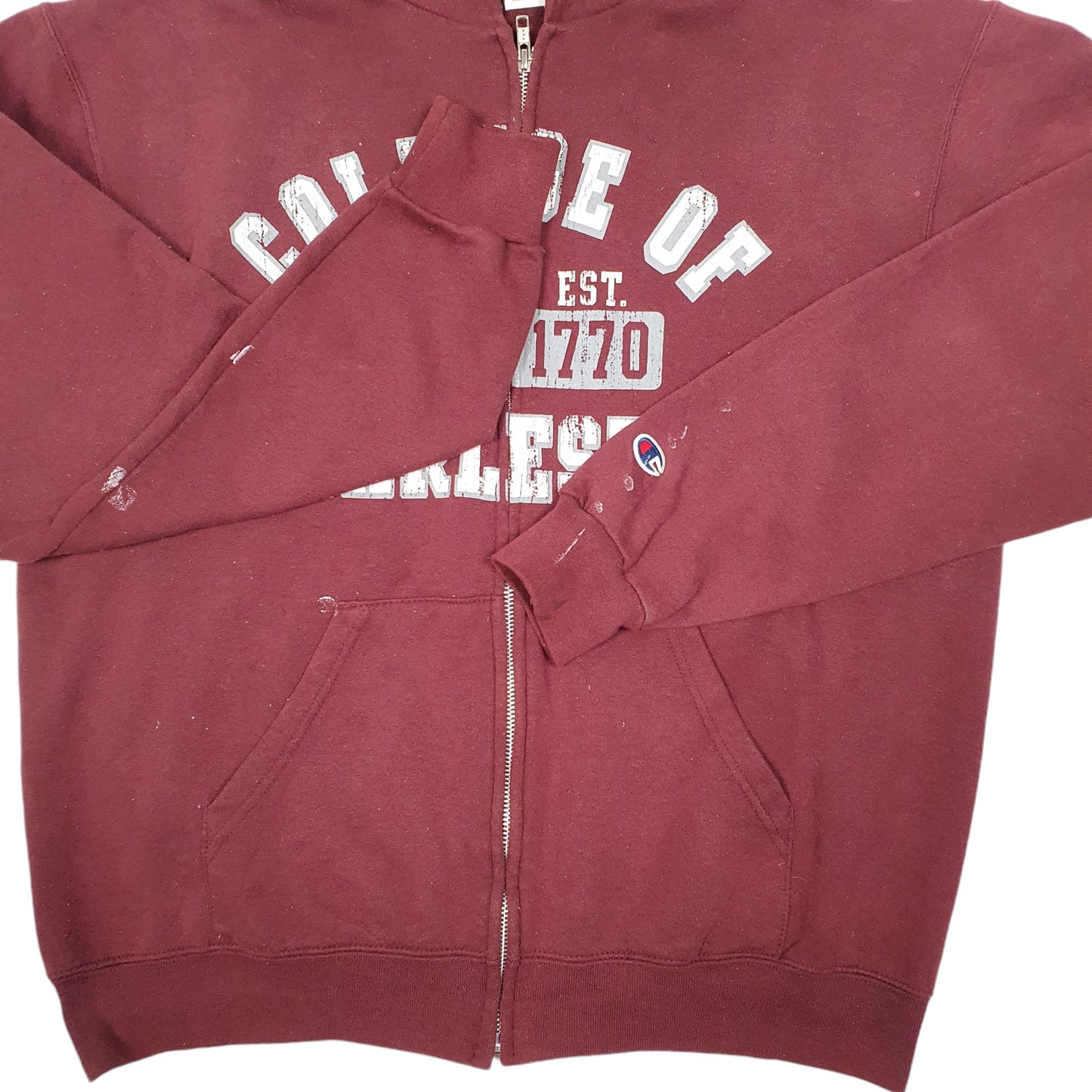 Mens Burgundy Champion Hoodie College Of Charleston USA Spellout Full Zip Jumper