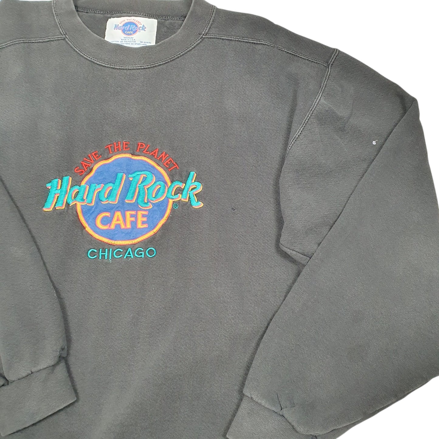 Mens Black Hard Rock Cafe Vintage Chicago Made In USA Save The Planet Crewneck Jumper