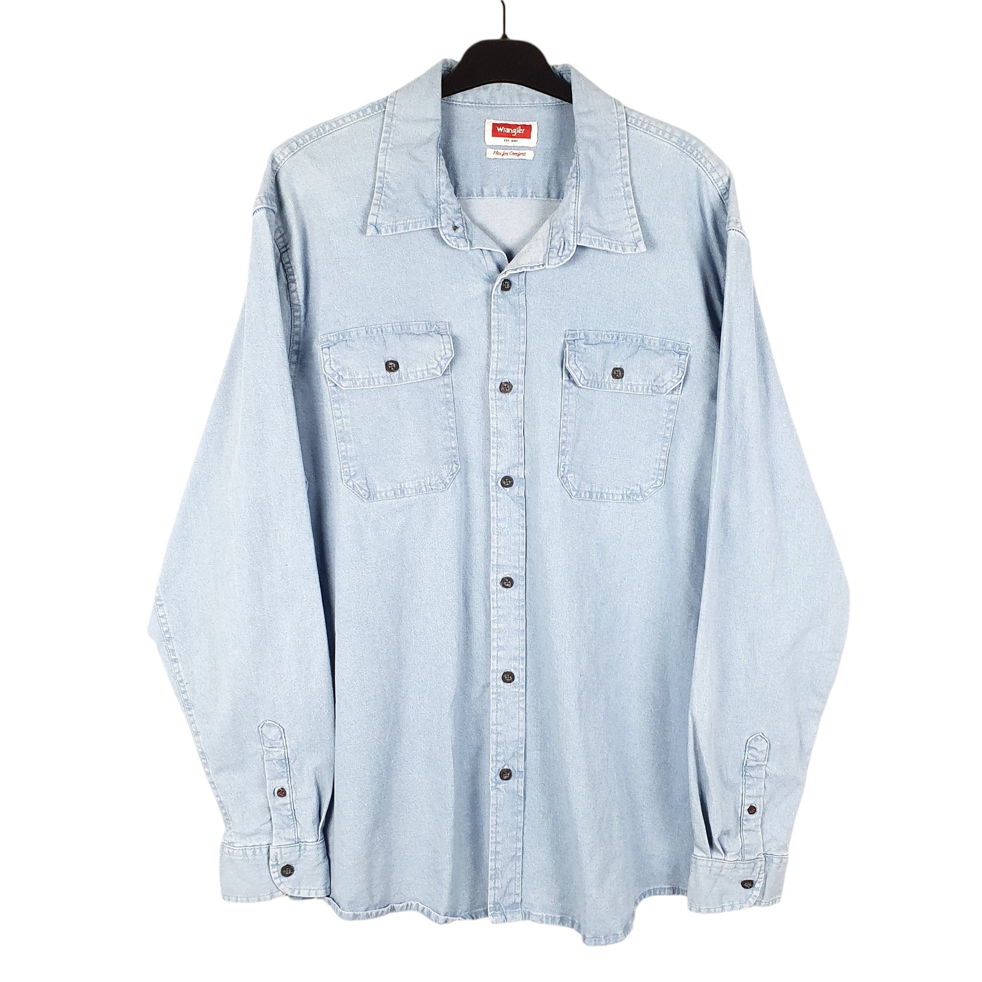 Mens Blue Wrangler Denim Jeans Chambray Work Comfort Flex Stretch Long Sleeve Shirt