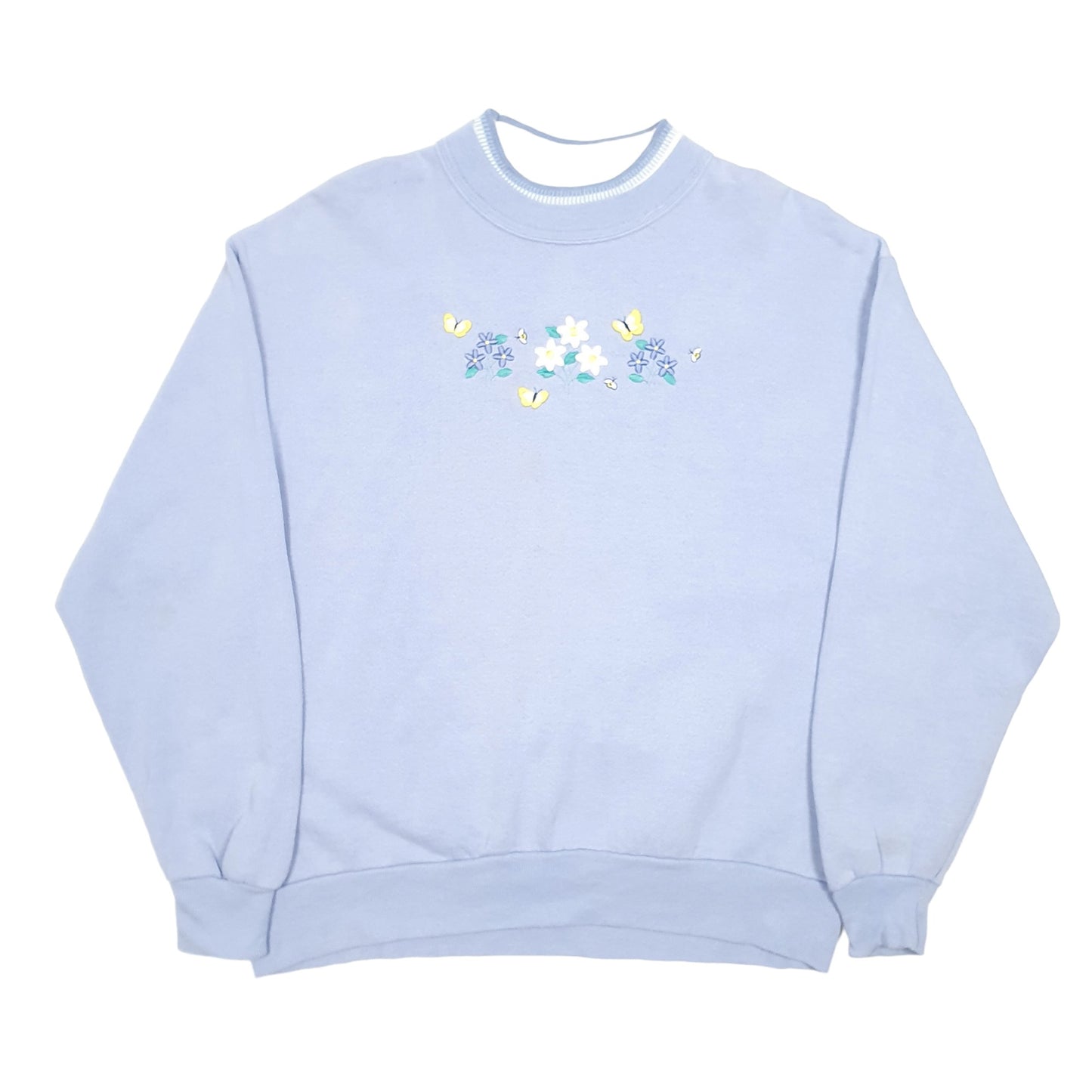 Womens Blue Top Stitch Vintage Made In USA Flowers Bees Morning Sun Crewneck Jumper