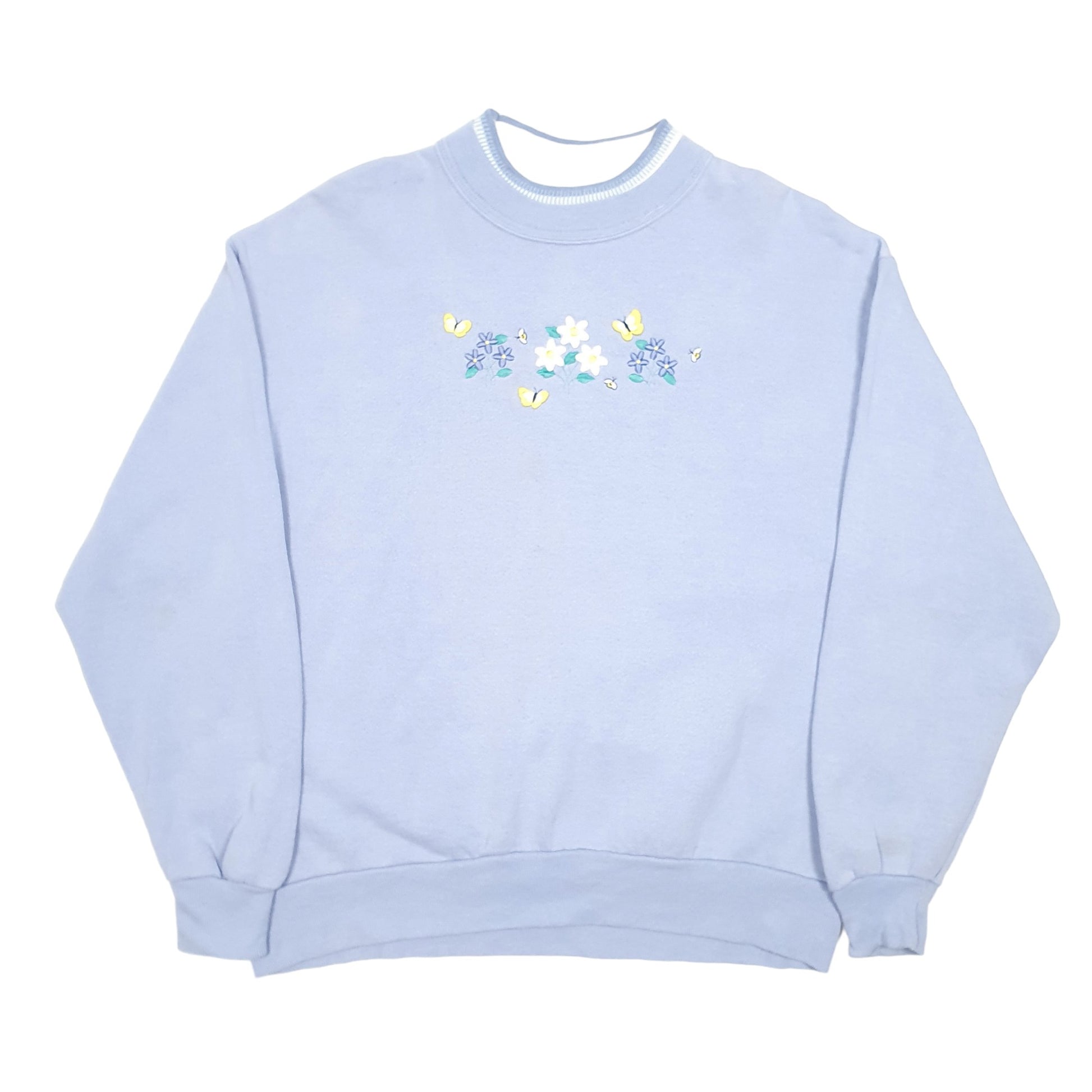 Womens Blue Top Stitch Vintage Made In USA Flowers Bees Morning Sun Crewneck Jumper