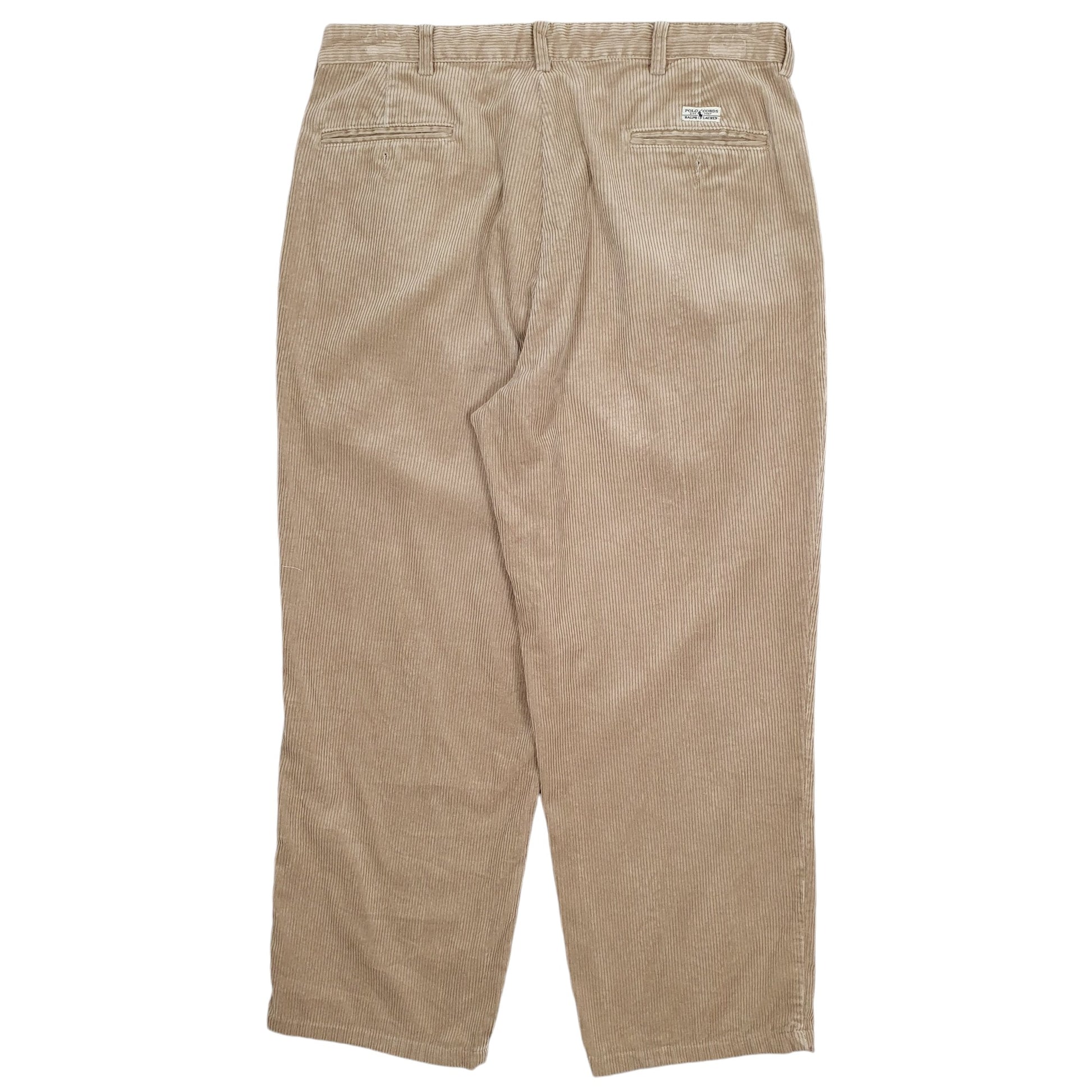 Mens Beige Polo Ralph Lauren Andrew Double Pleated Vintage 1990s Corduroy Trousers