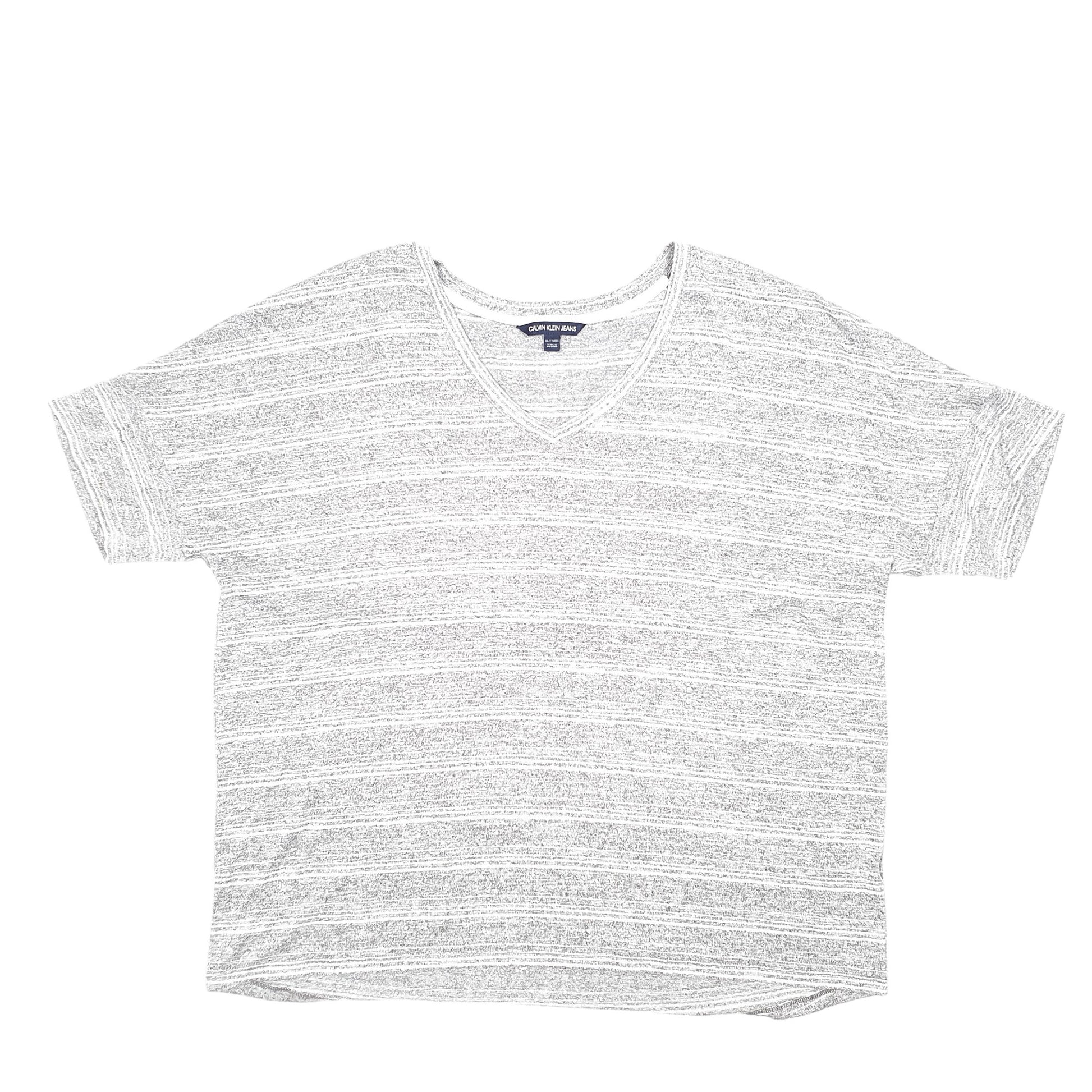 Womens Grey Calvin Klein Stripe Jeans V Neck Short Sleeve T Shirt