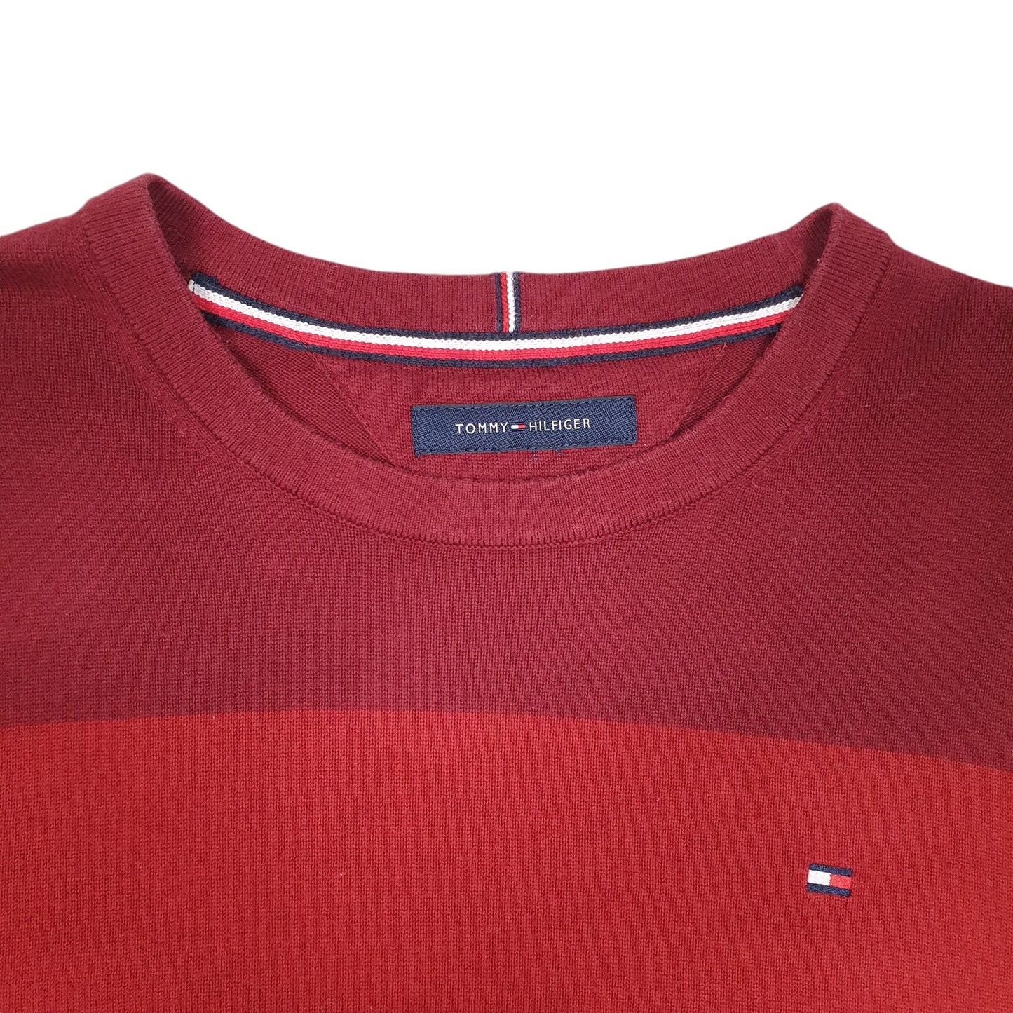 Mens Red Tommy Hilfiger Knit  Striped Sweater Crewneck Jumper