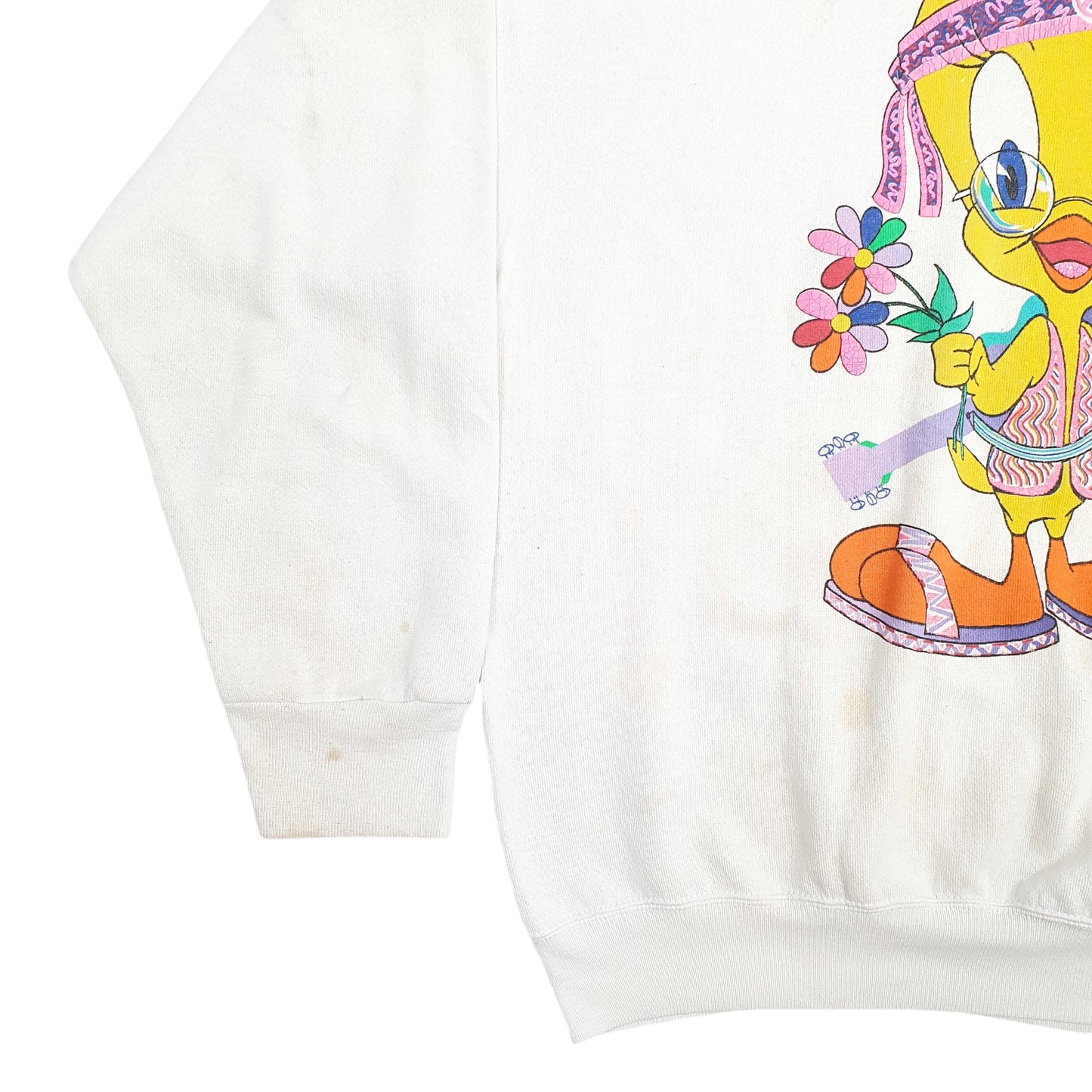 Mens Cream Tultex Tweety Pie Looney Tunes 80's Vintage Crewneck Jumper