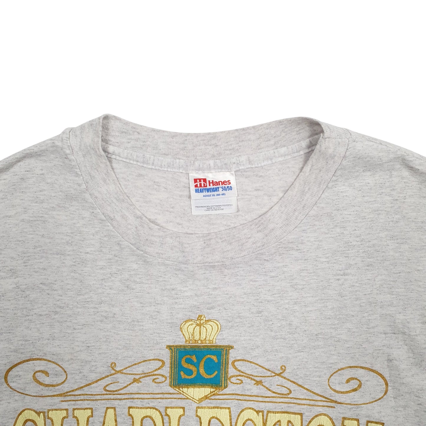 Mens Grey Hanes Single Stitch Vintage 90s Charleston Spellout Made In USA Short Sleeve T Shirt