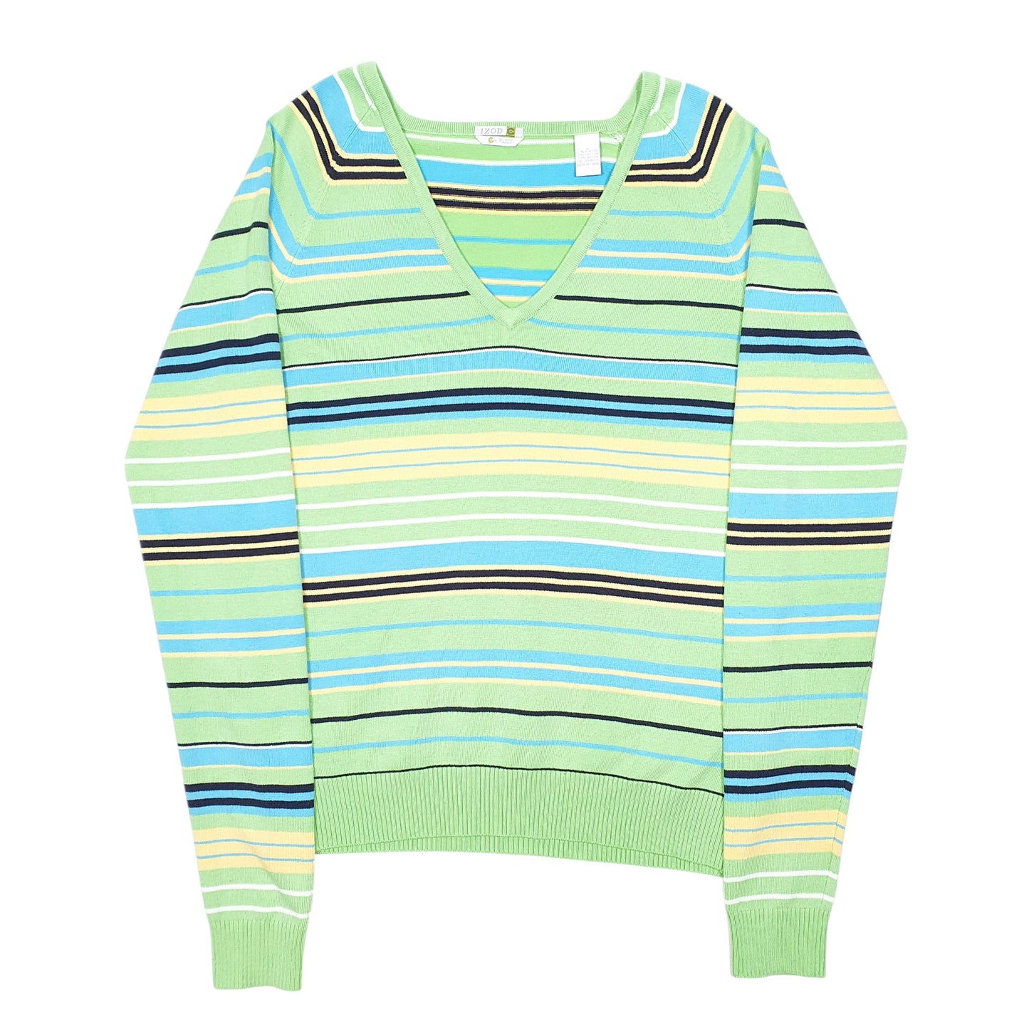 Womens Green Izod Stripe Raglan V Neck Jumper