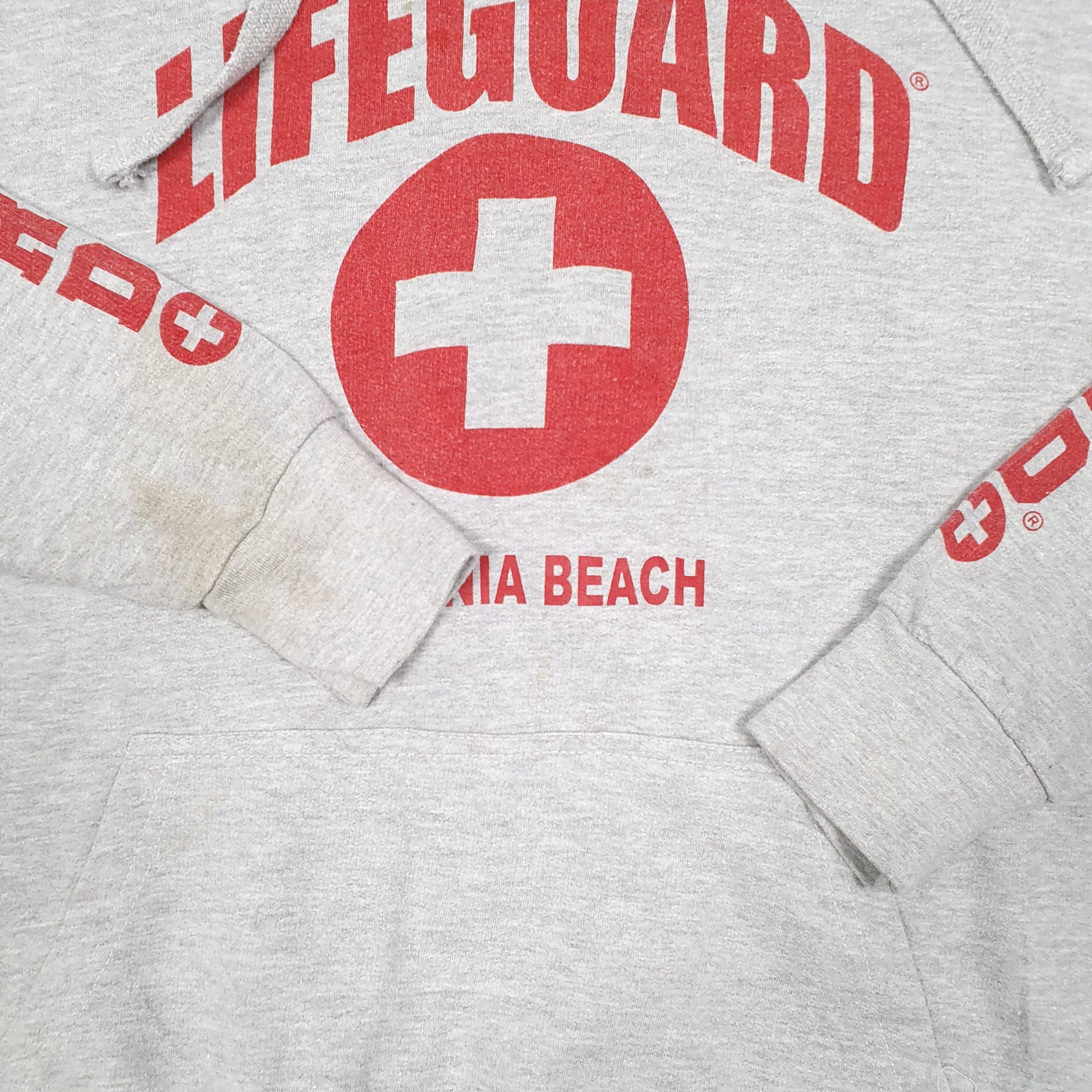 Mens Grey Lifeguard Virginia Beach Spellout Hoodie Jumper