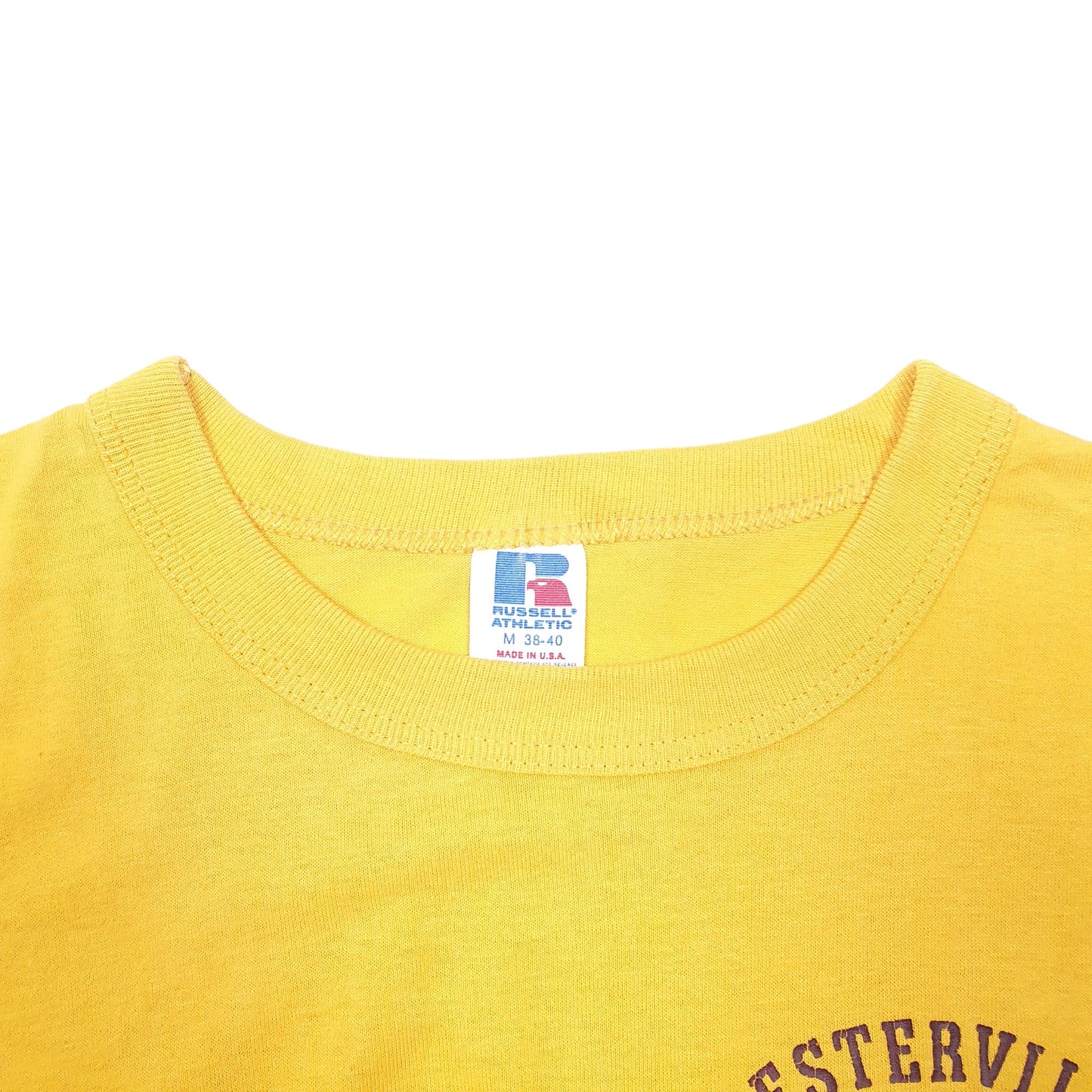 Mens Yellow Russell Athletic Single Stitch Vintage 90s Made In USA Westerville Track Short Sleeve T Shirt
