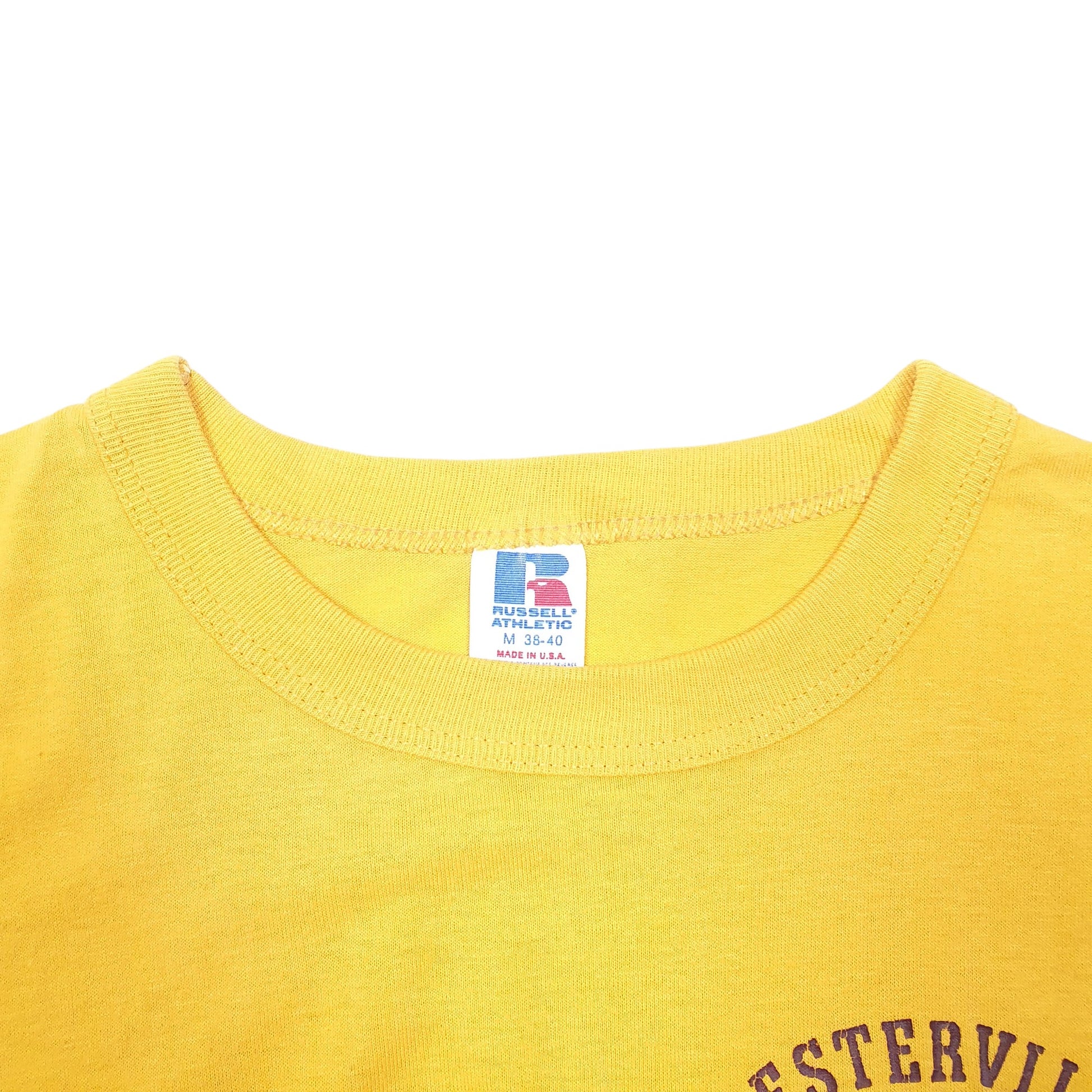Mens Yellow Russell Athletic Single Stitch Vintage 90s Made In USA Westerville Track Short Sleeve T Shirt