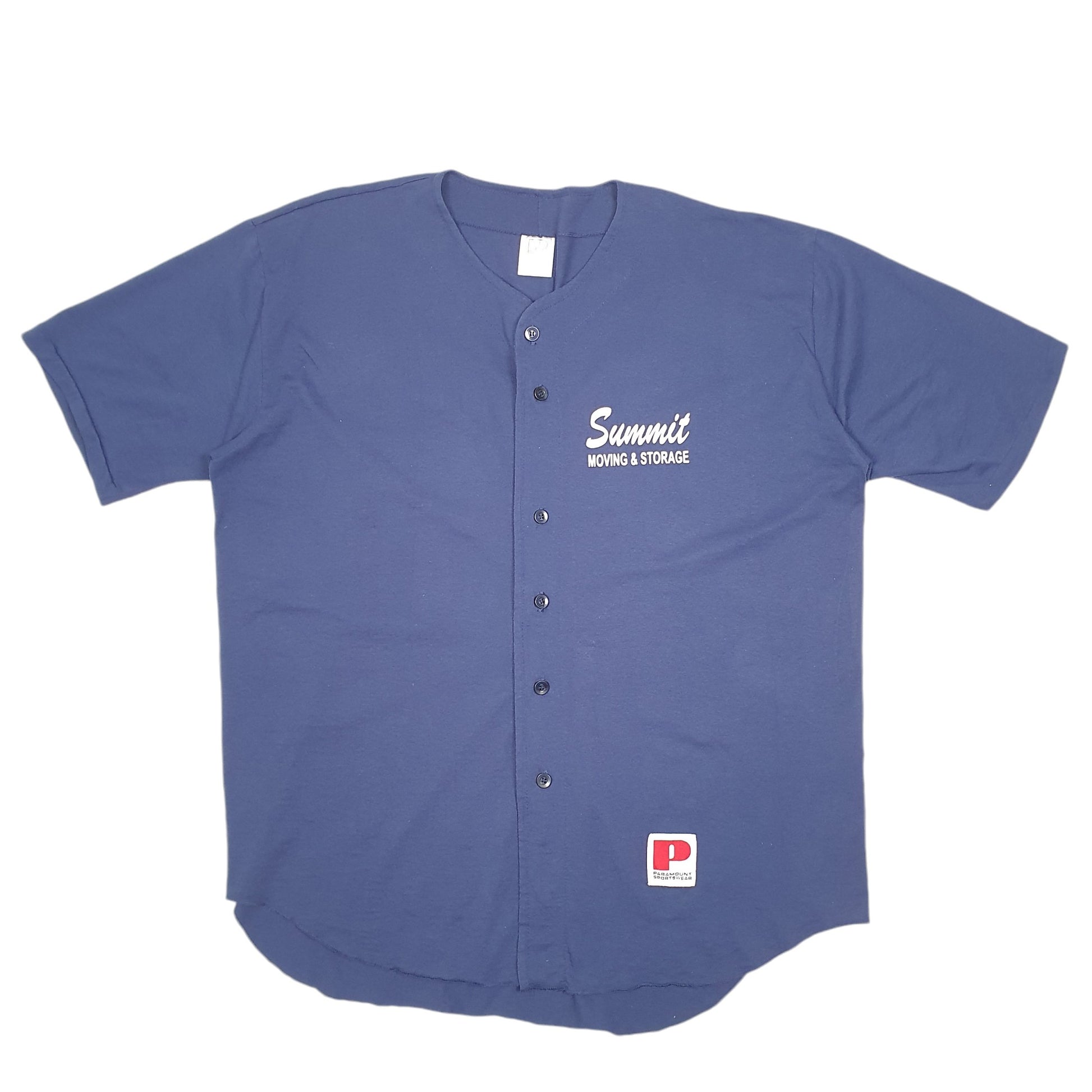 Mens Navy Paramount Sportswear Vintage Baseball Jersey Summit Moving & Storage Made In USA Short Sleeve T Shirt