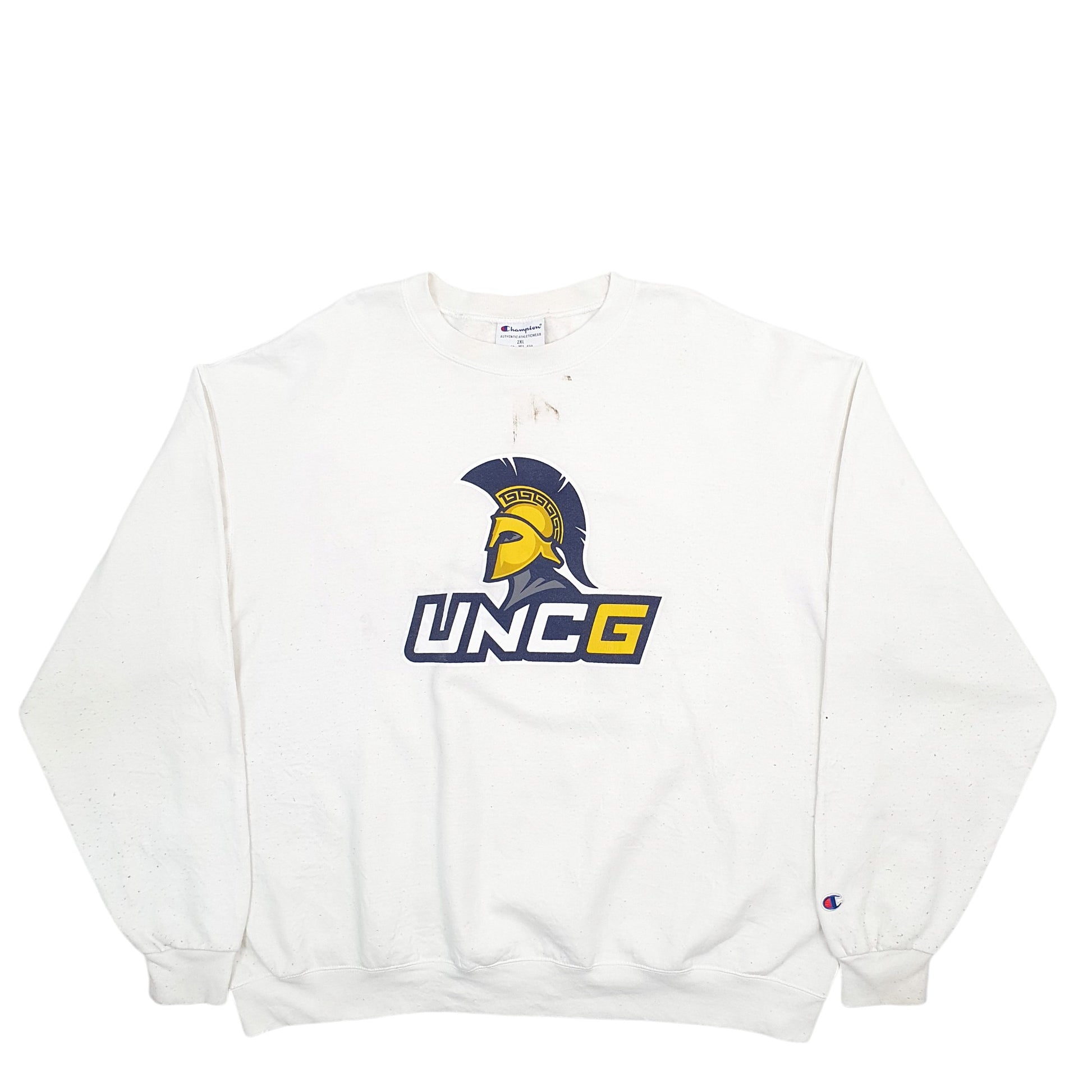 Mens White Champion USA College Trojan UNCG Spellout Crewneck Jumper