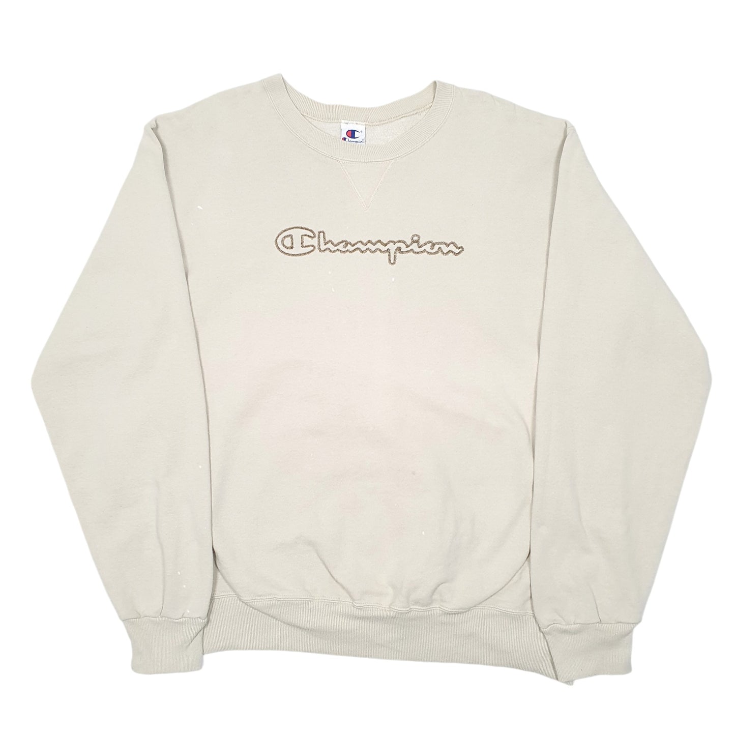 Mens Cream Champion Vintage 90s Script Crewneck Jumper