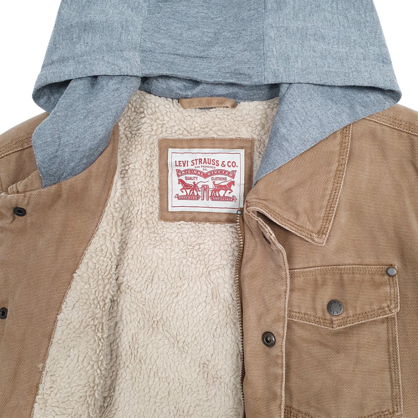 Mens Tan Levis Sherpa Lined Hoodie Chore Workwear  Coat