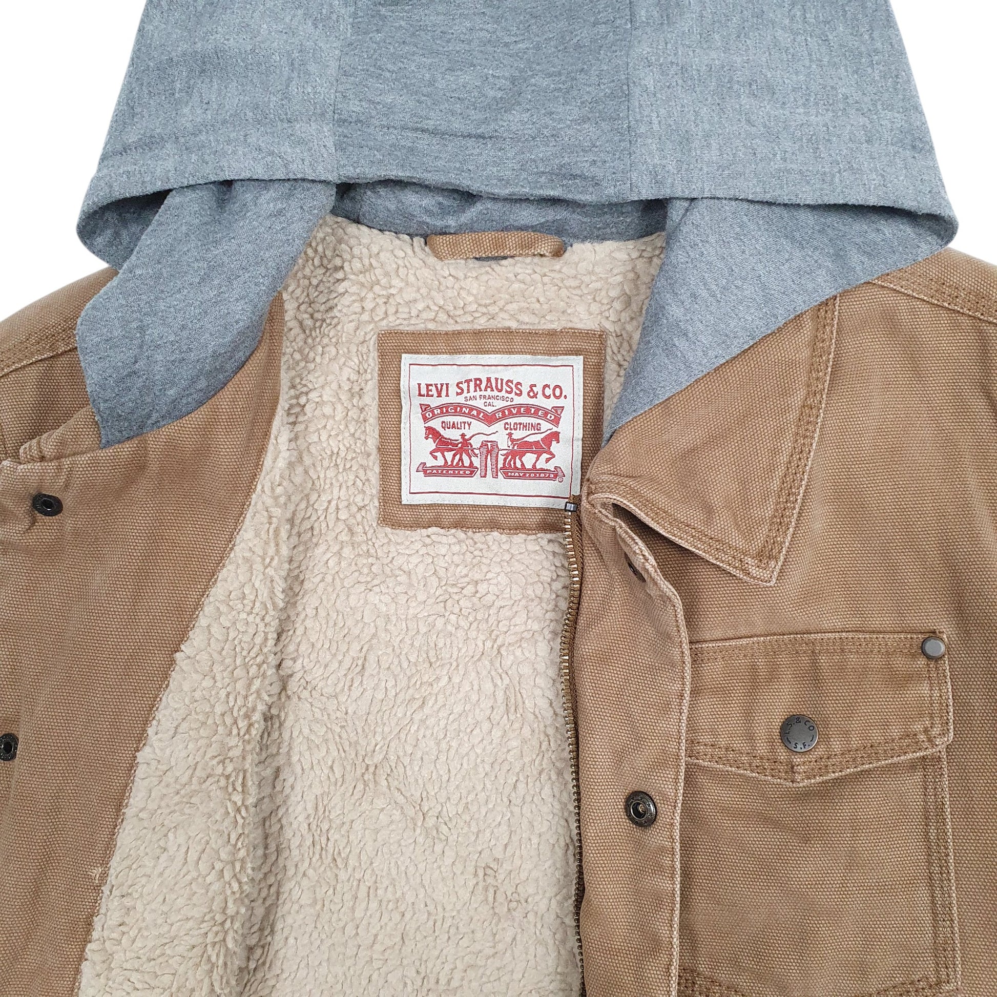 Mens Tan Levis Sherpa Lined Hoodie Chore Workwear  Coat