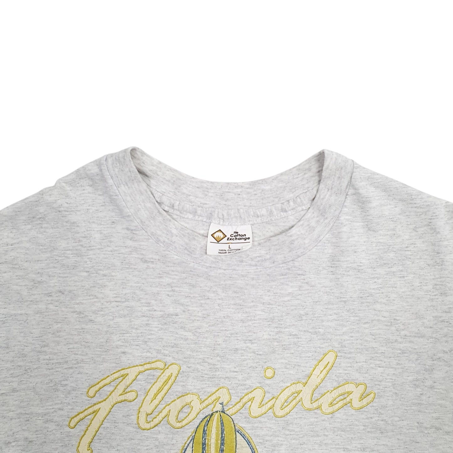 Mens Grey The Cotton Exchange Single Stitch Vintage 90s Made In USA Florida Spellout Short Sleeve T Shirt