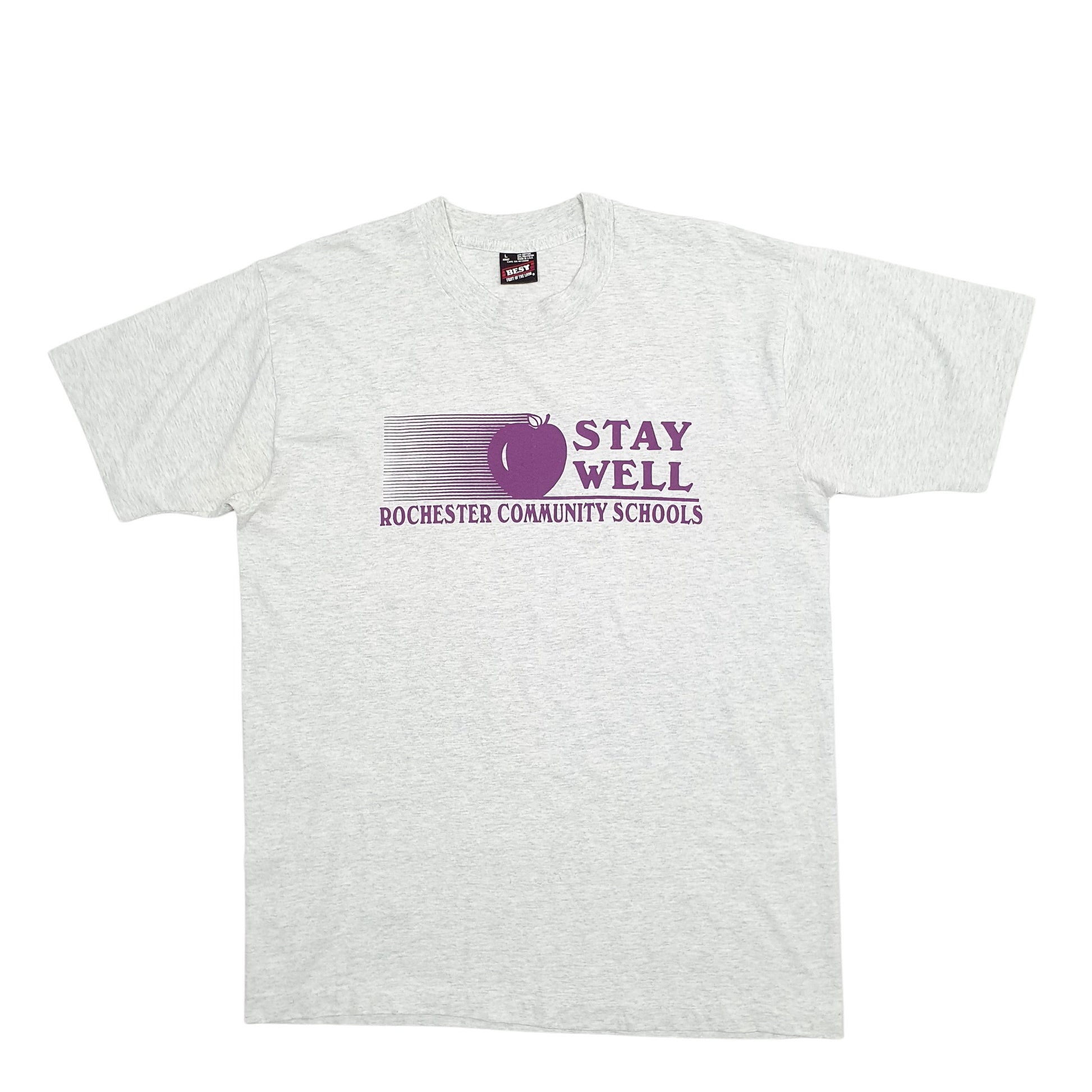 Mens Grey Fruit Of The Loom Single Stitch Vintage 90s Made In USA Stay Well Rochester Community School Short Sleeve T Shirt