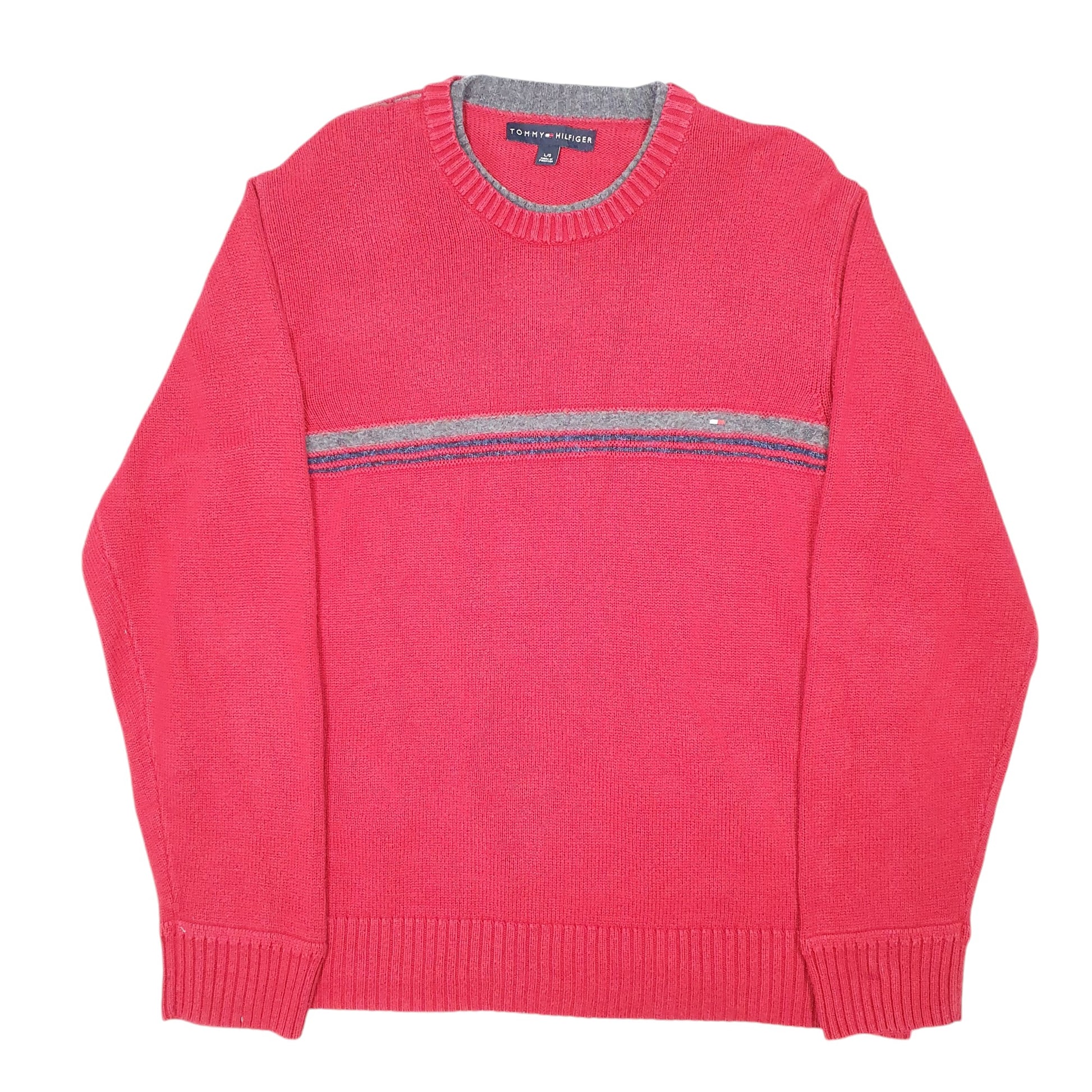 Mens Tommy Hilfiger Red Crewneck Vintage Knit 2000s Stripe Sweater