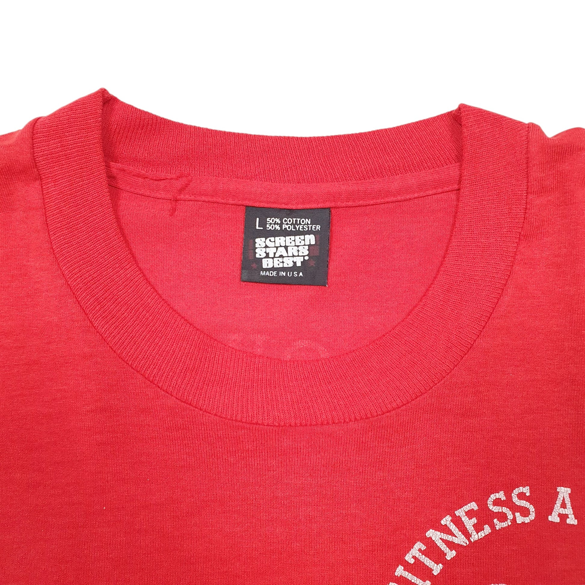 Mens Red Screen Stars Single Stitch Vintage 90s YMCA Fitness Made In USA Short Sleeve T Shirt