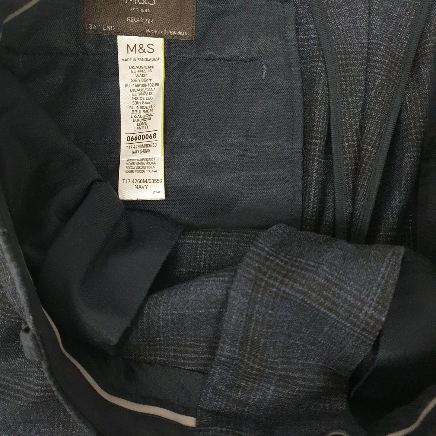 Mens Navy M&S Check Formal Trousers