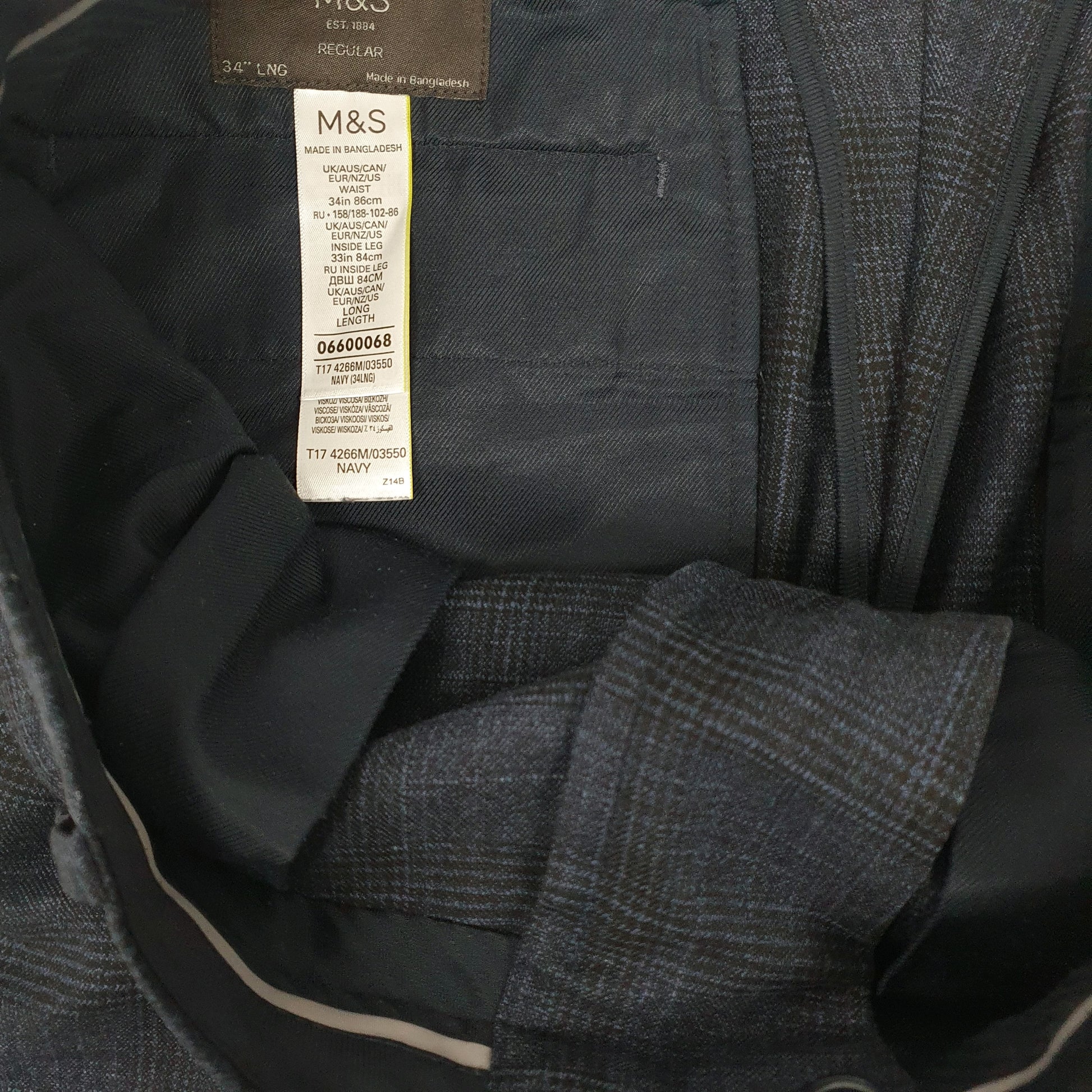 Mens Navy M&S Check Formal Trousers