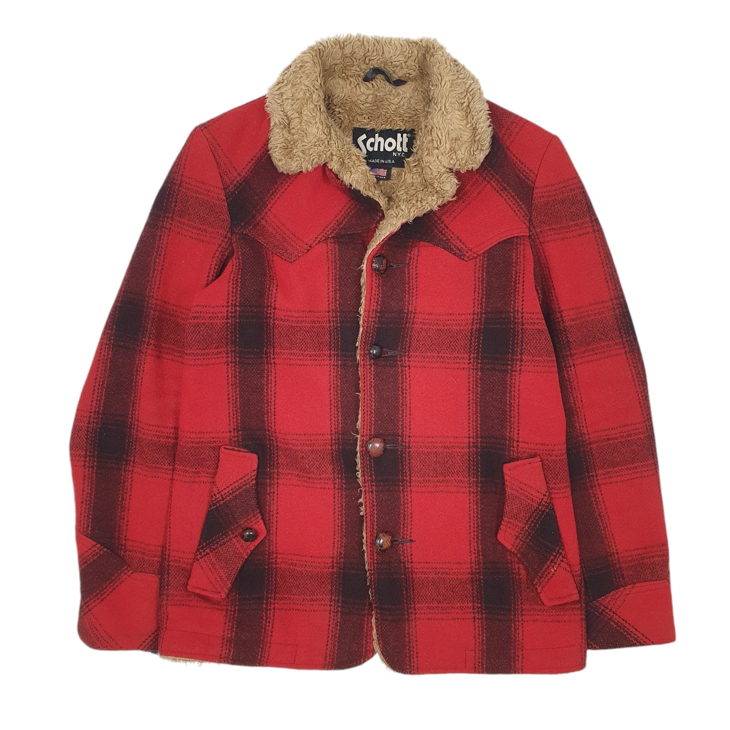 Mens Red Schott Cruiser Plaid Vintage 80s Made In USA  Coat