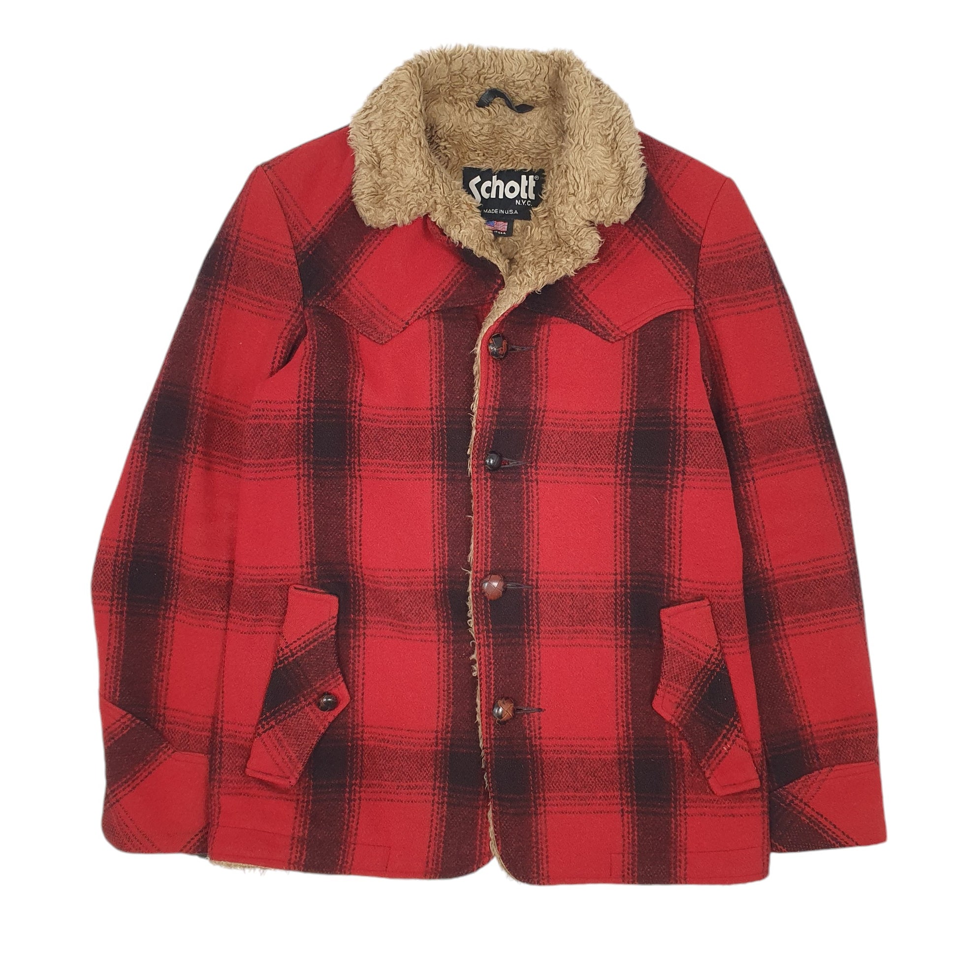 Mens Red Schott Cruiser Plaid Vintage 80s Made In USA  Coat