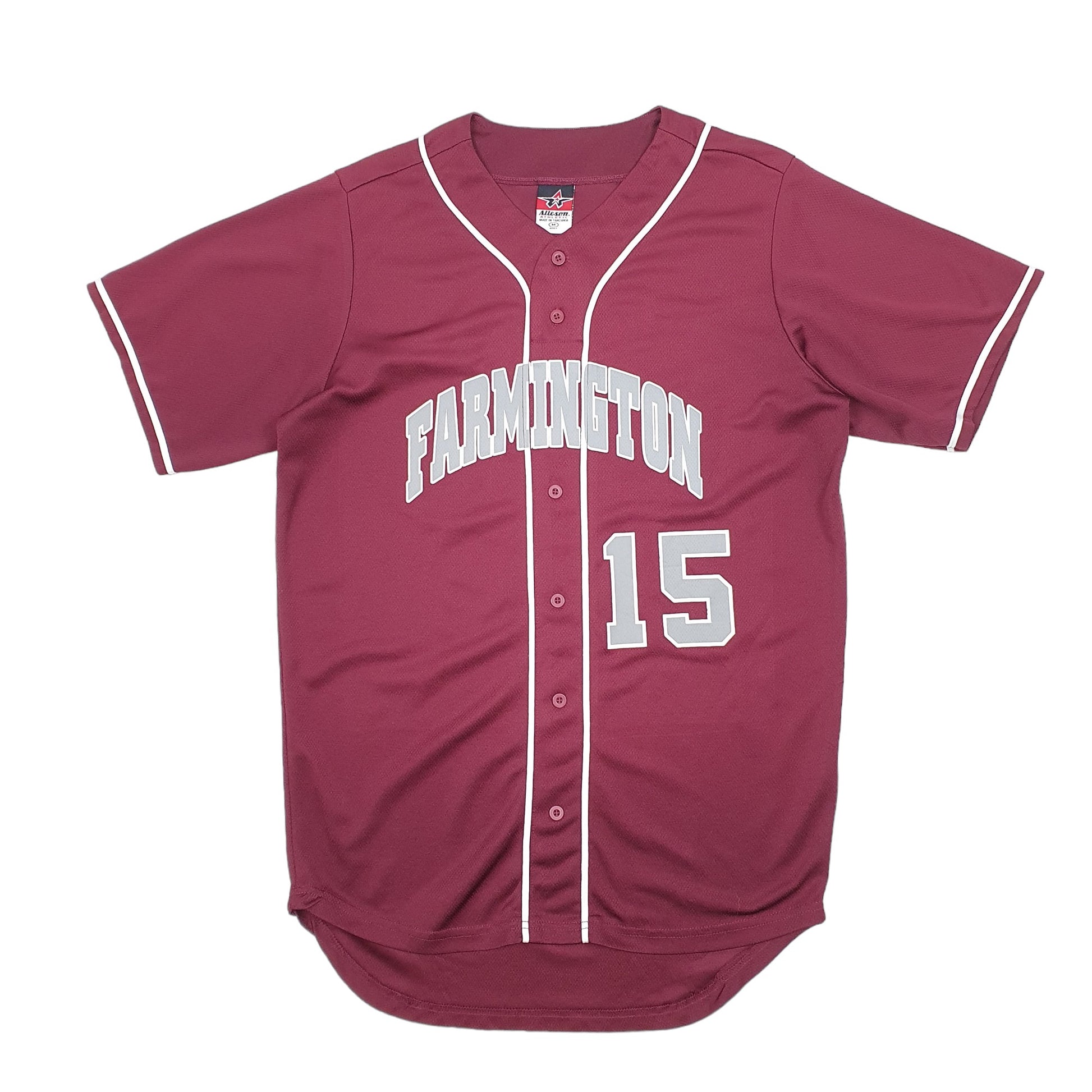 Mens Burgundy Alleson Athletic Baseball Jersey Farmington 15 Short Sleeve T Shirt