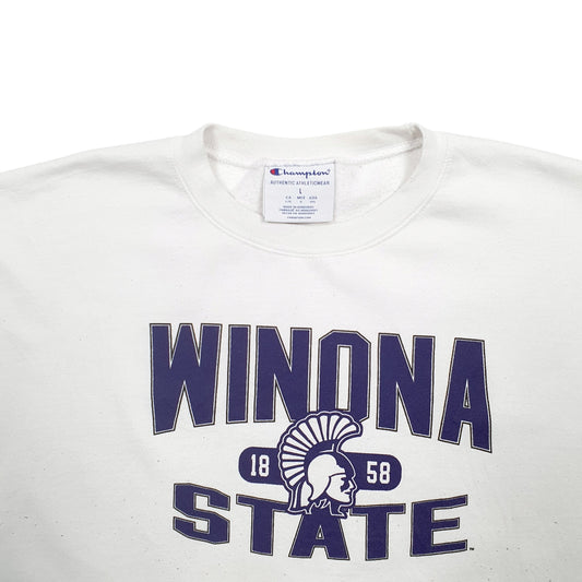 Mens White Champion Winona State Spellout Crewneck Jumper