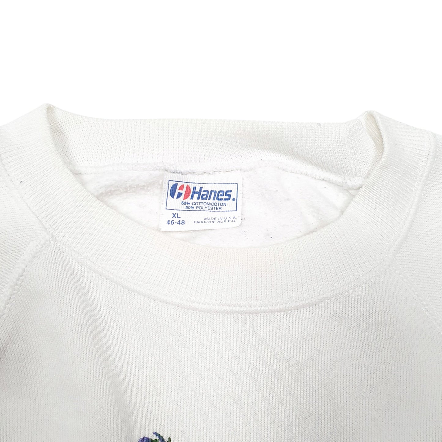 Mens White Hanes Vintage Made In USA Raglan Delphinium Flowers Crewneck Jumper