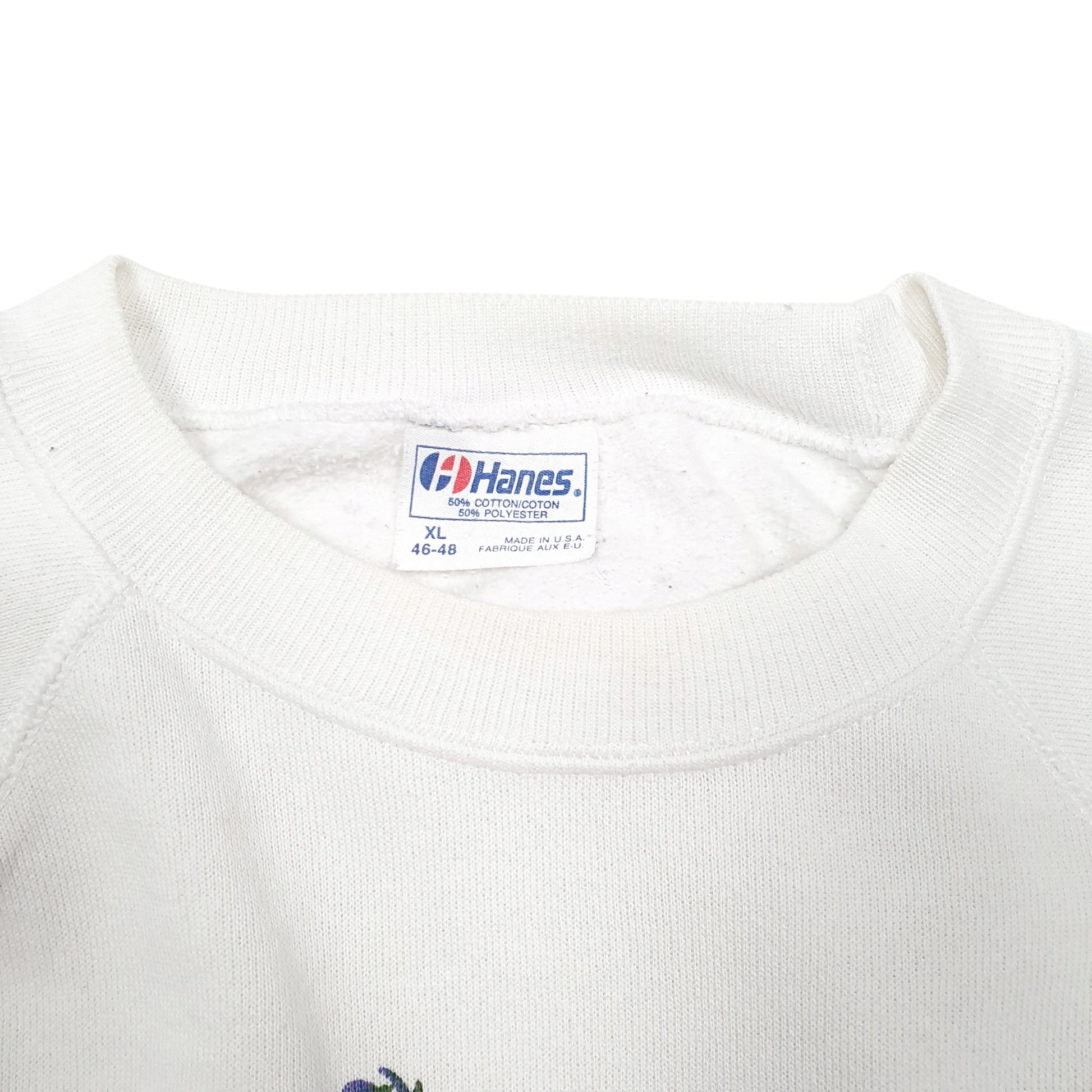 Mens White Hanes Vintage Made In USA Raglan Delphinium Flowers Crewneck Jumper