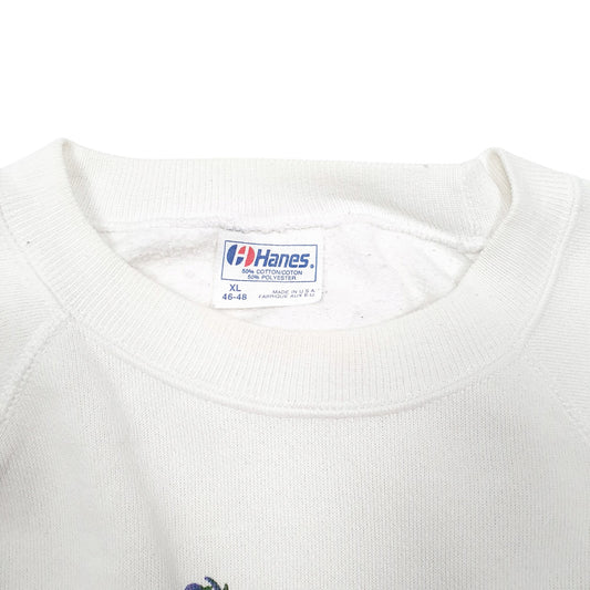 Mens White Hanes Vintage Made In USA Raglan Delphinium Flowers Crewneck Jumper