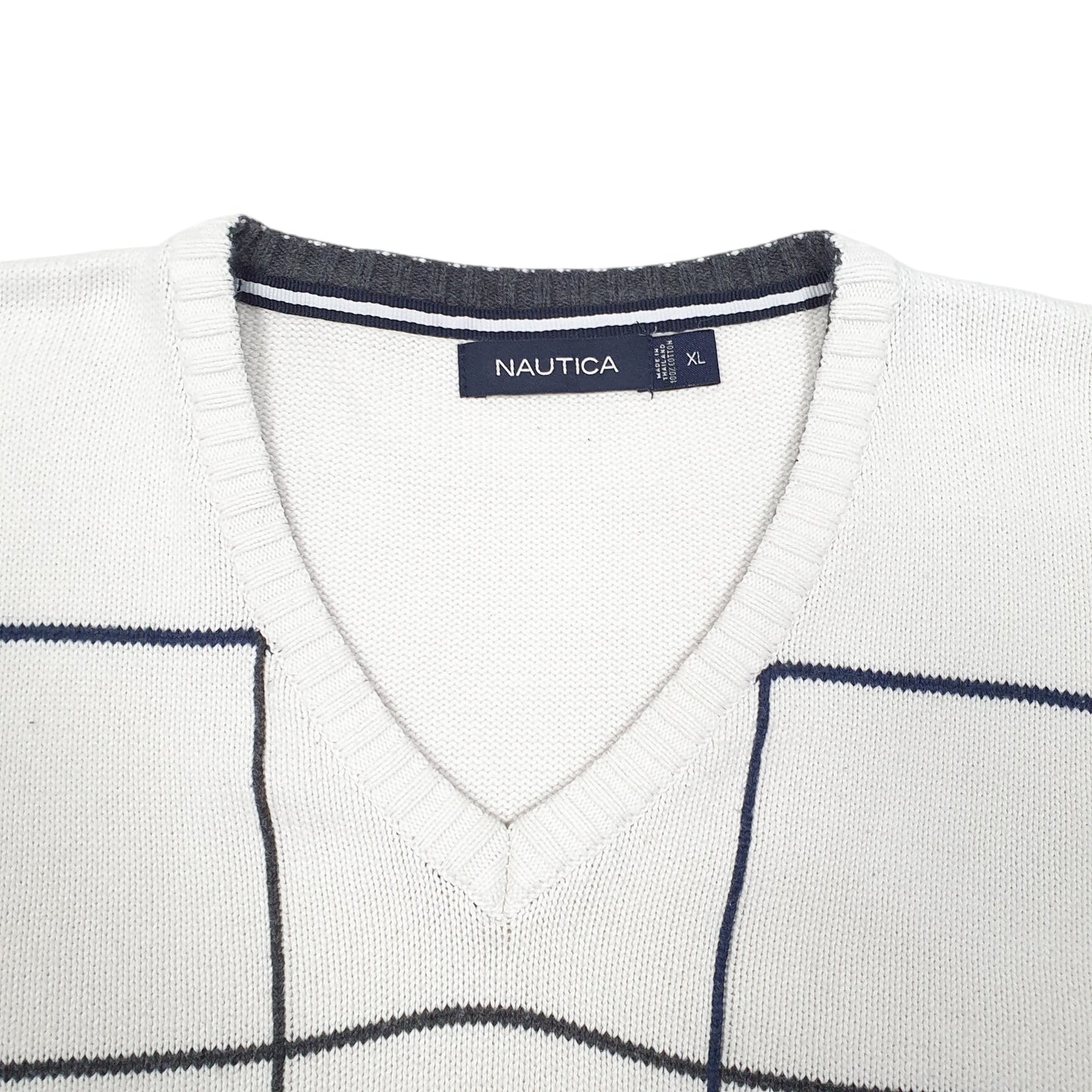 Mens White Nautica Knit Grid V neck Jumper