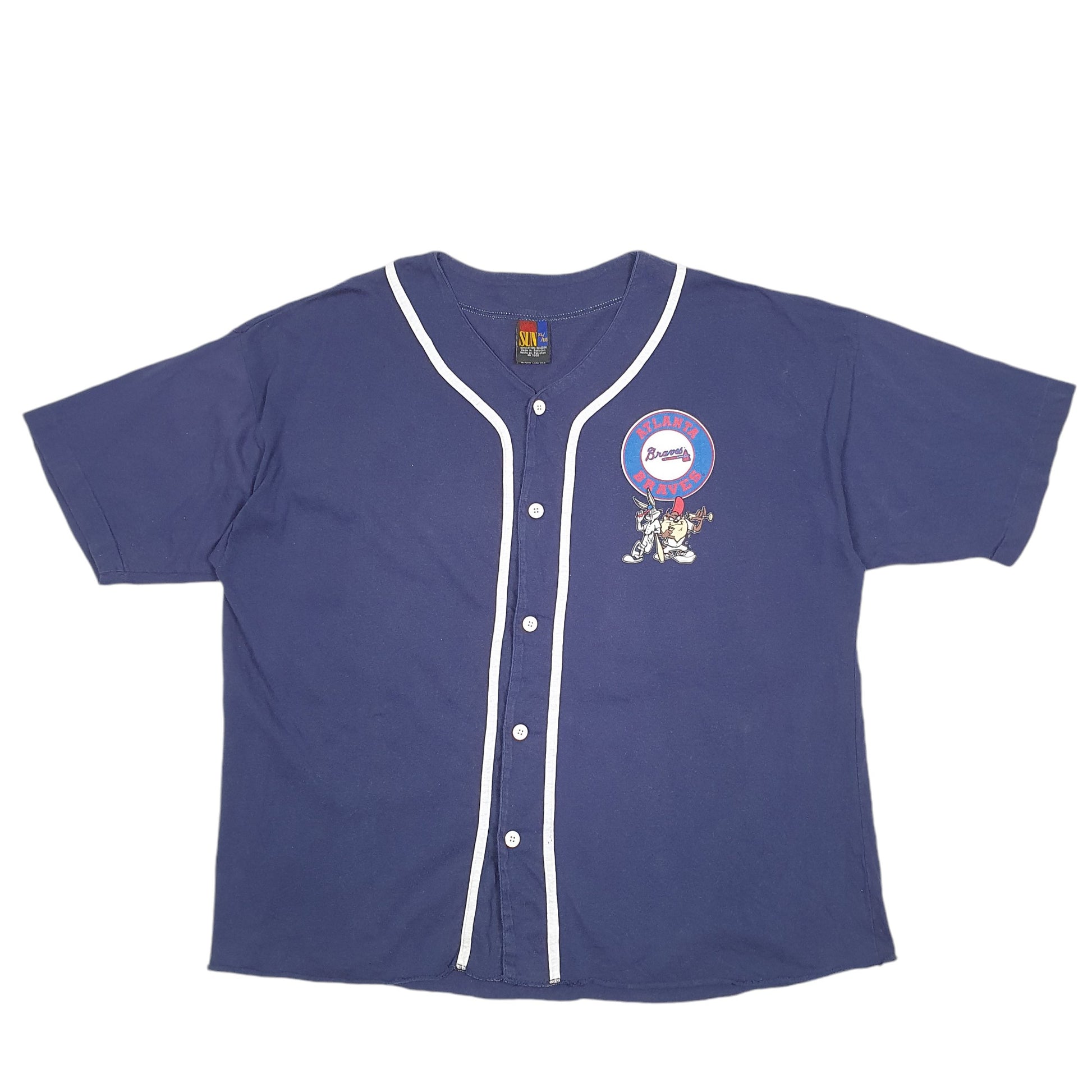 Mens Navy Sun 90s 1996 MLB Baseball Jersey Atlanta Braves Looney Toons Bugs Bunny Vintage Short Sleeve T Shirt
