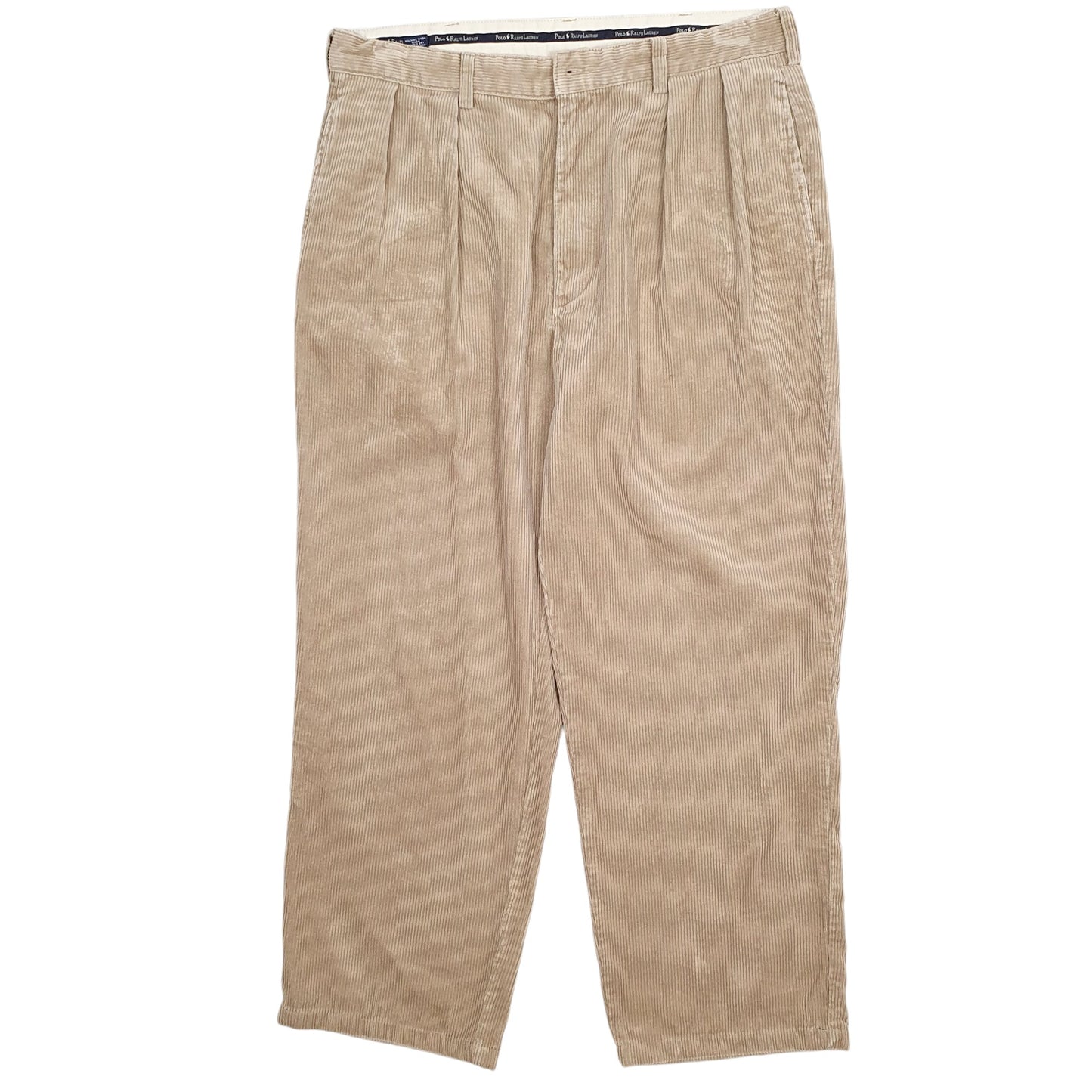 Mens Beige Polo Ralph Lauren Andrew Double Pleated Vintage 1990s Corduroy Trousers