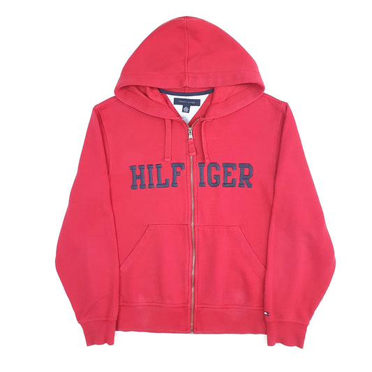 Mens Red Tommy Hilfiger Hoodie Spellout Full Zip Jumper