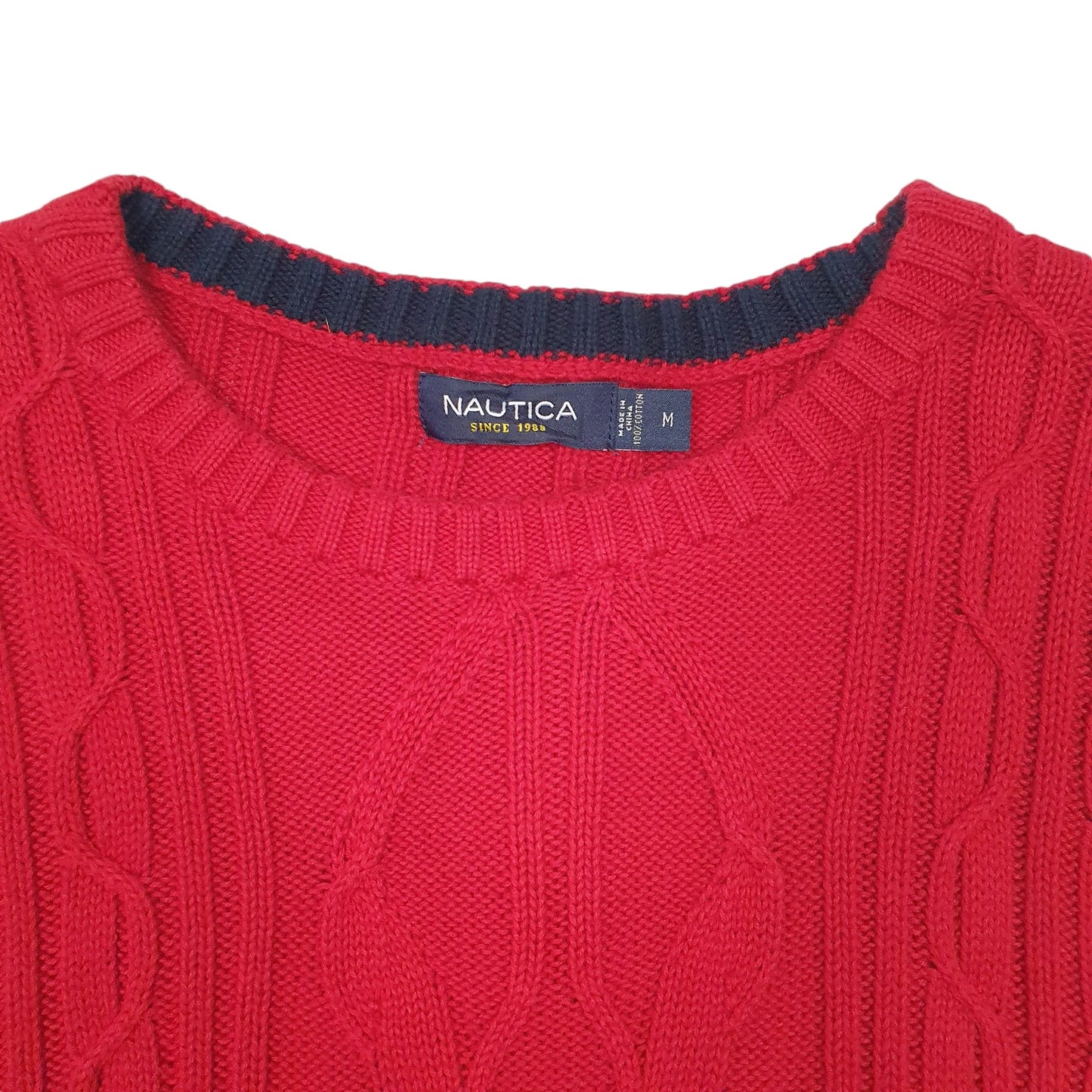 Mens Red Nautica Knit Cable Crewneck Jumper