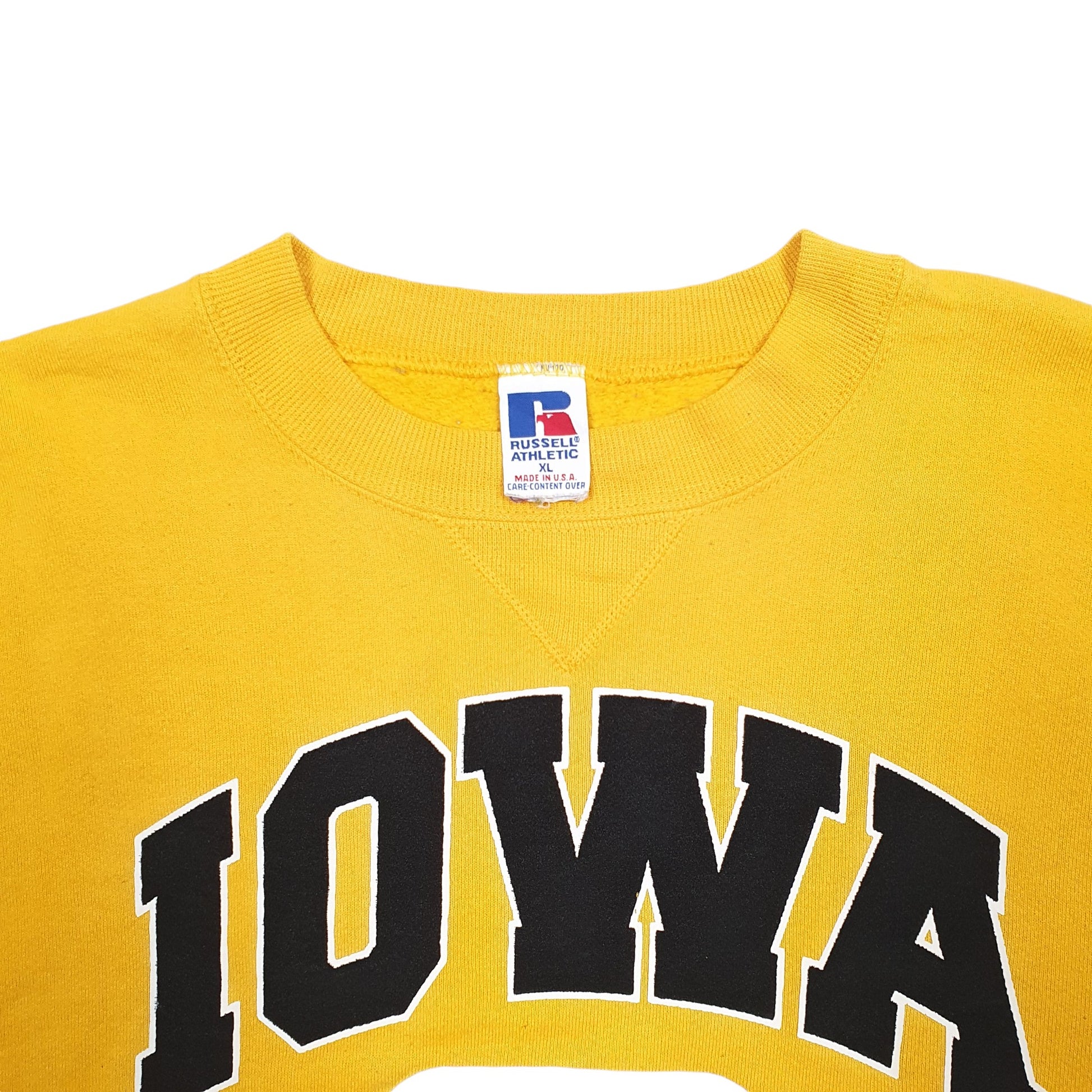 Mens Yellow Russell Athletic IOWA Football Spellout Vintage Crewneck Jumper